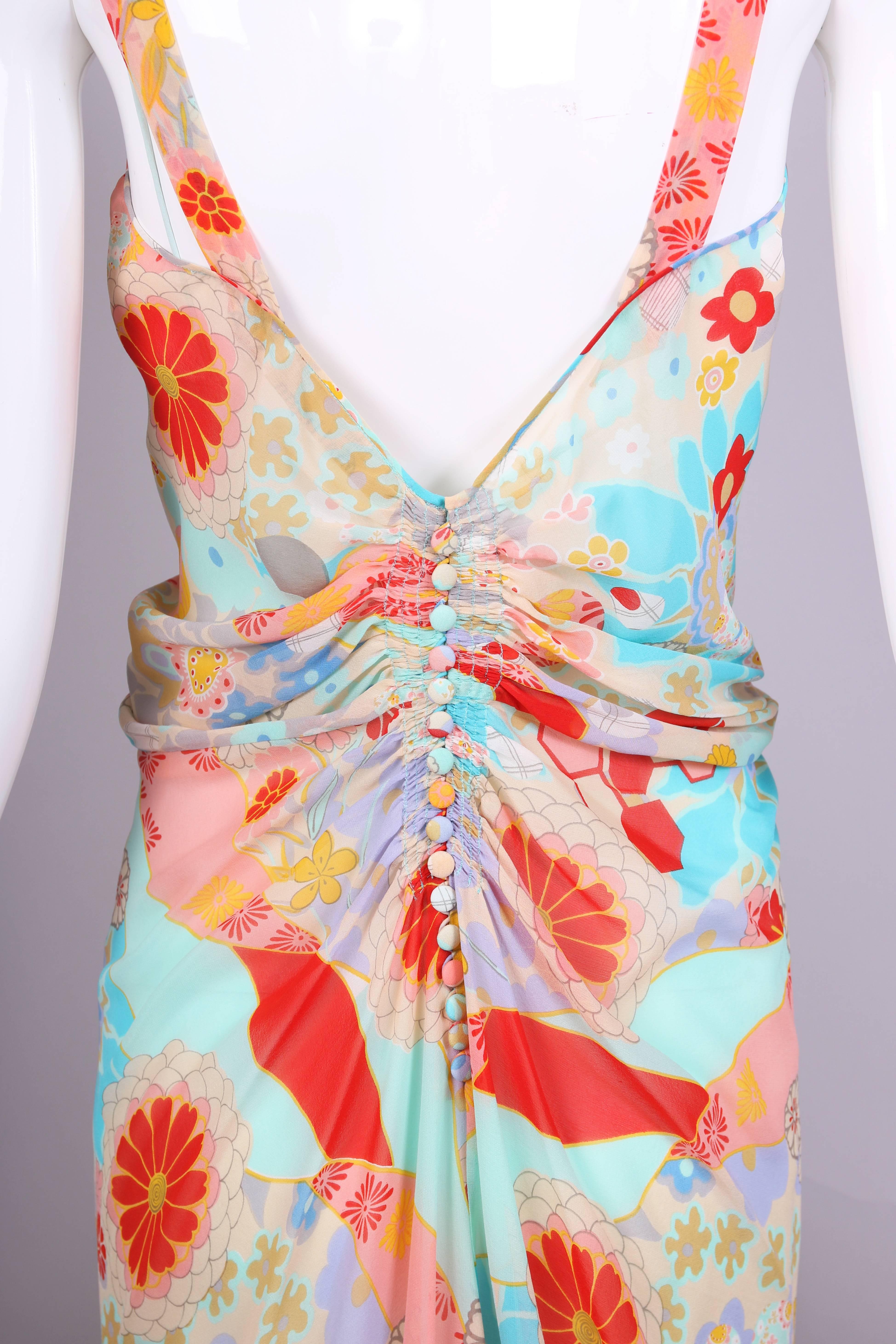 John Galliano Multi-Colored Floral Print Bias Cut Cocktail Dress W/Ruching 2