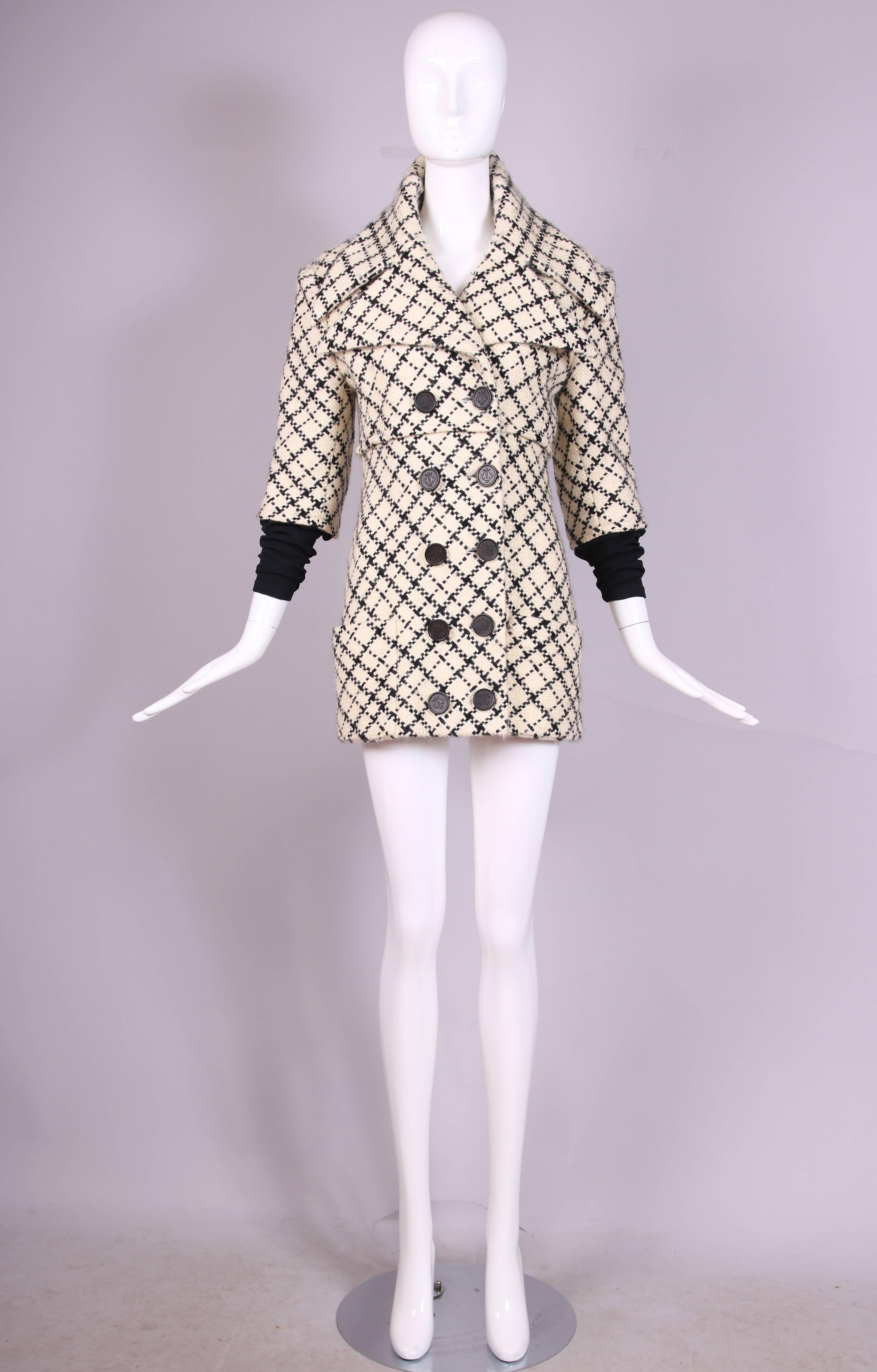 Beige Givenchy Black White Plaid Oversized Collar Jacket with Lycra Sleeve Attachment
