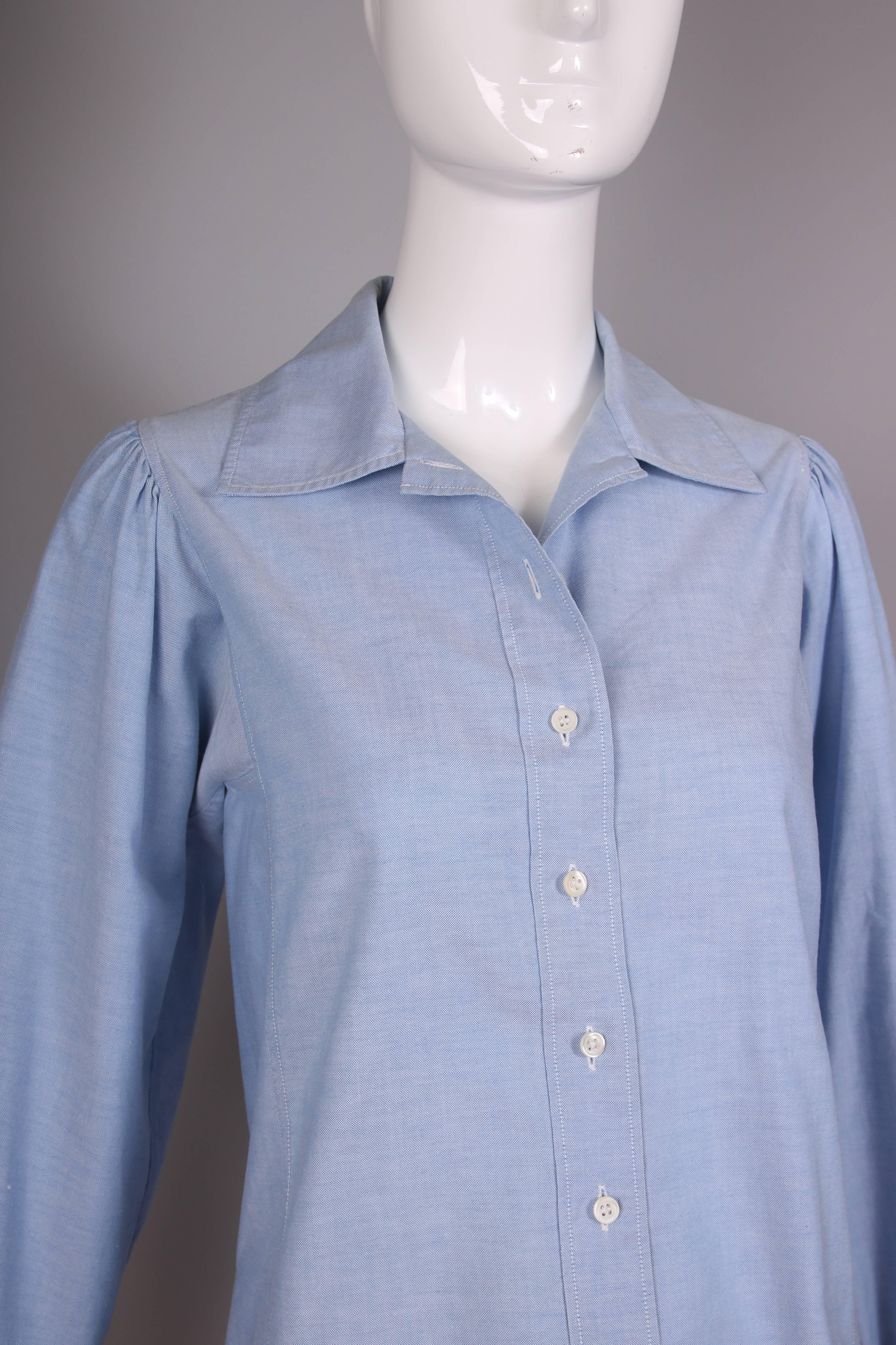 1970's Yves Saint Laurent YSL Chambray Button Down Shirt Blouse In Excellent Condition In Studio City, CA