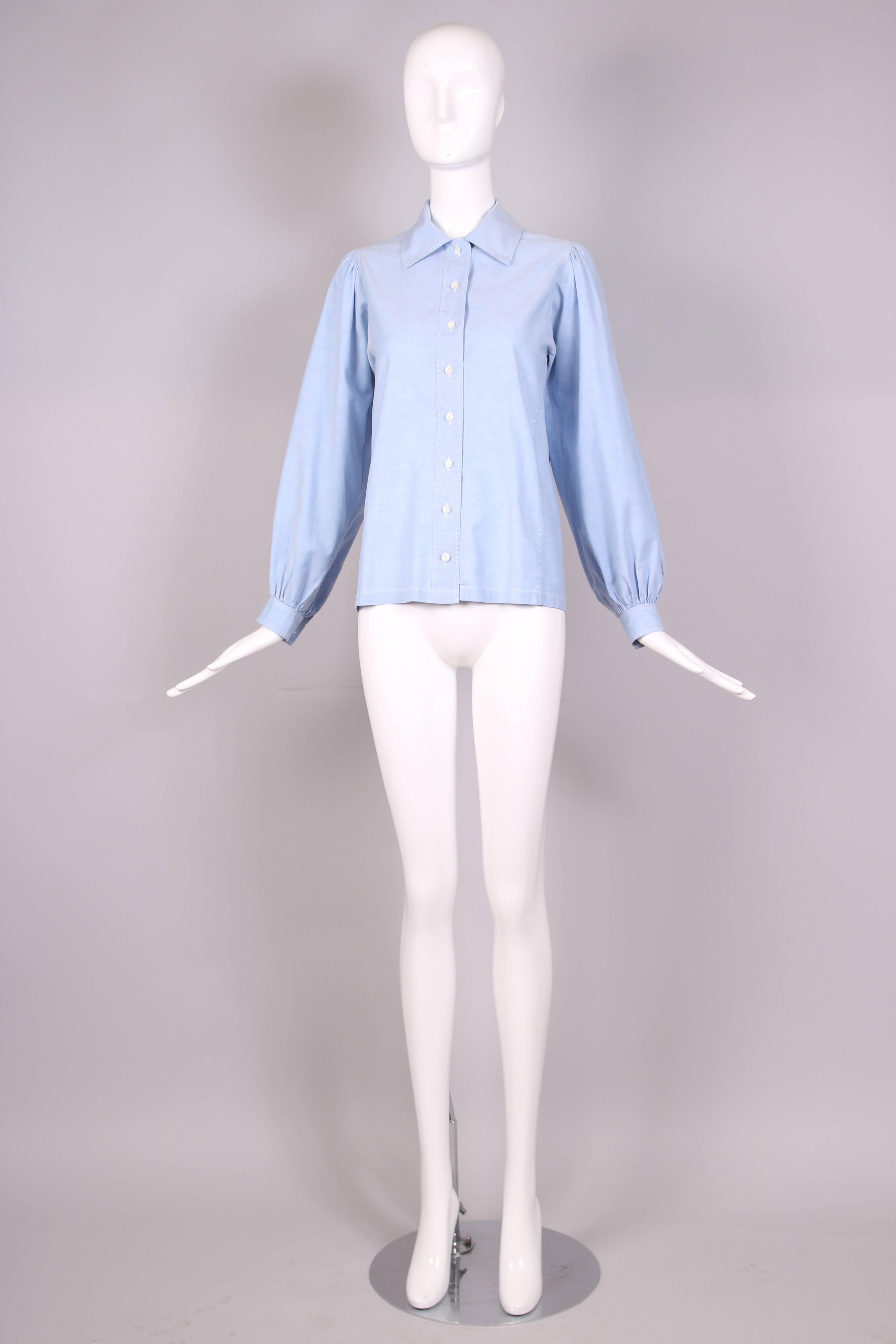 Blue 1970's Yves Saint Laurent YSL Chambray Button Down Shirt Blouse