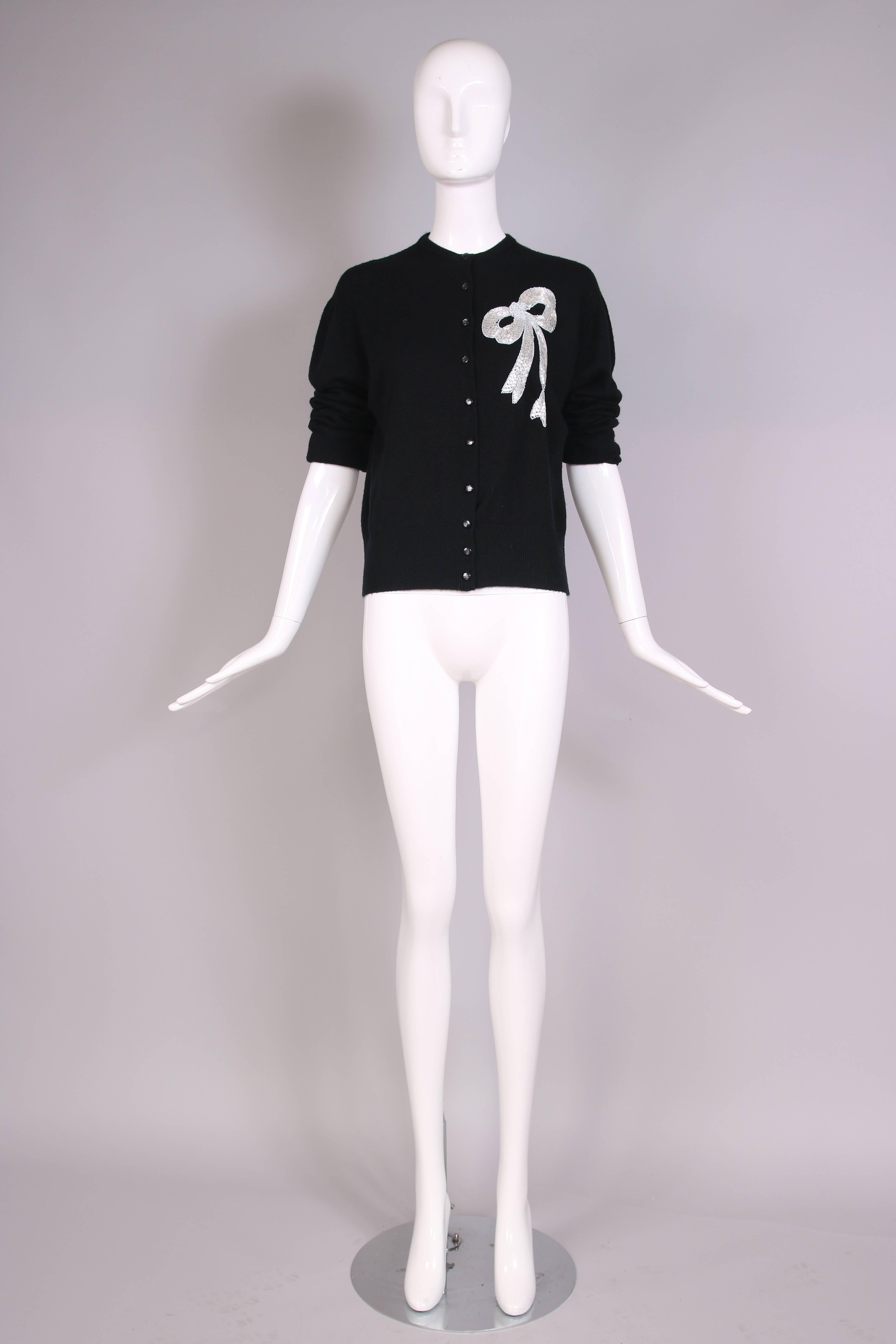 Vintage Schiaparelli Black Cashmere Cardigan Sweater W/Beaded Bow  In Excellent Condition In Studio City, CA