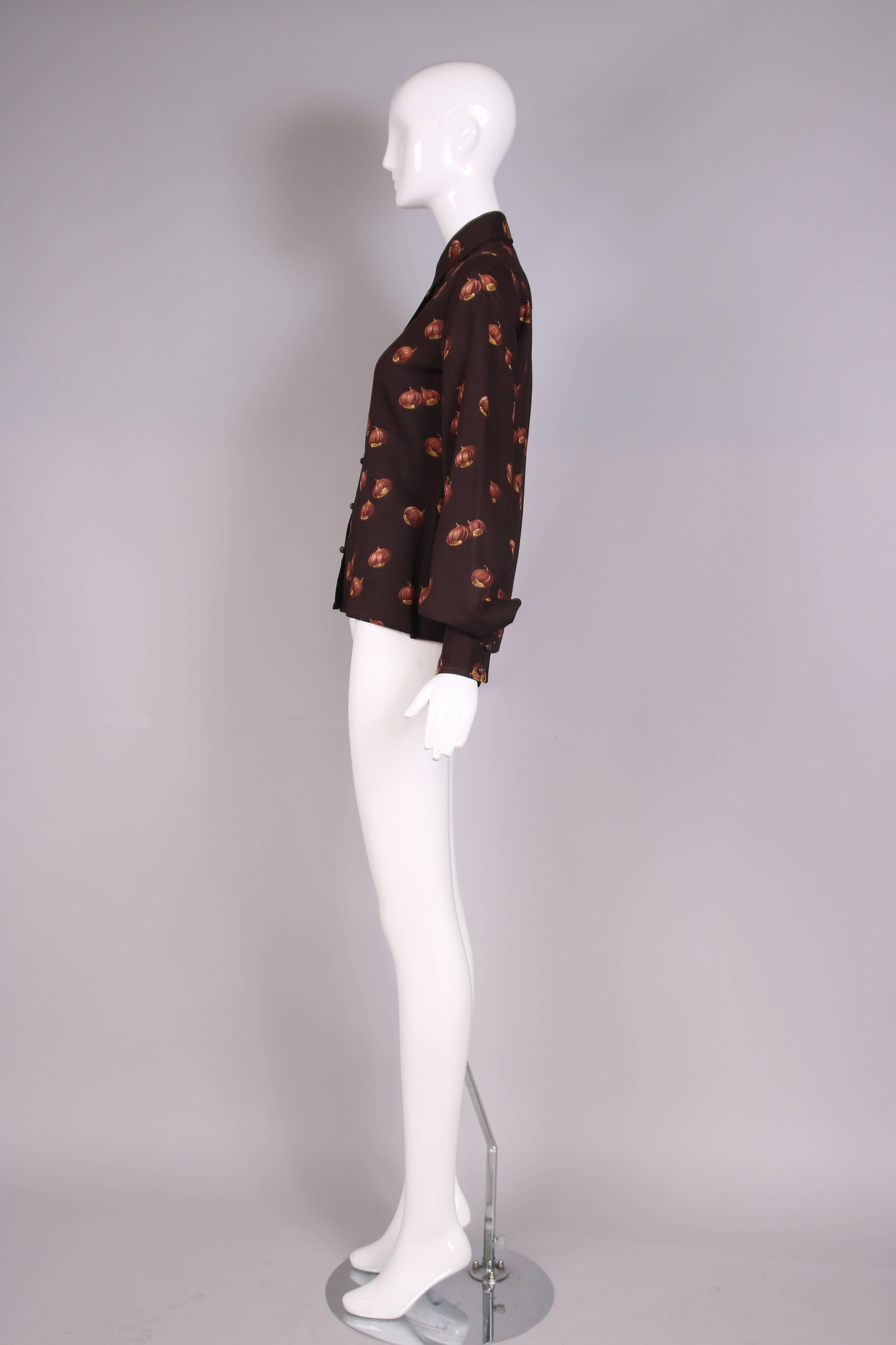 1970s Valentino Brown Acorn Print Blouse In Excellent Condition In Studio City, CA