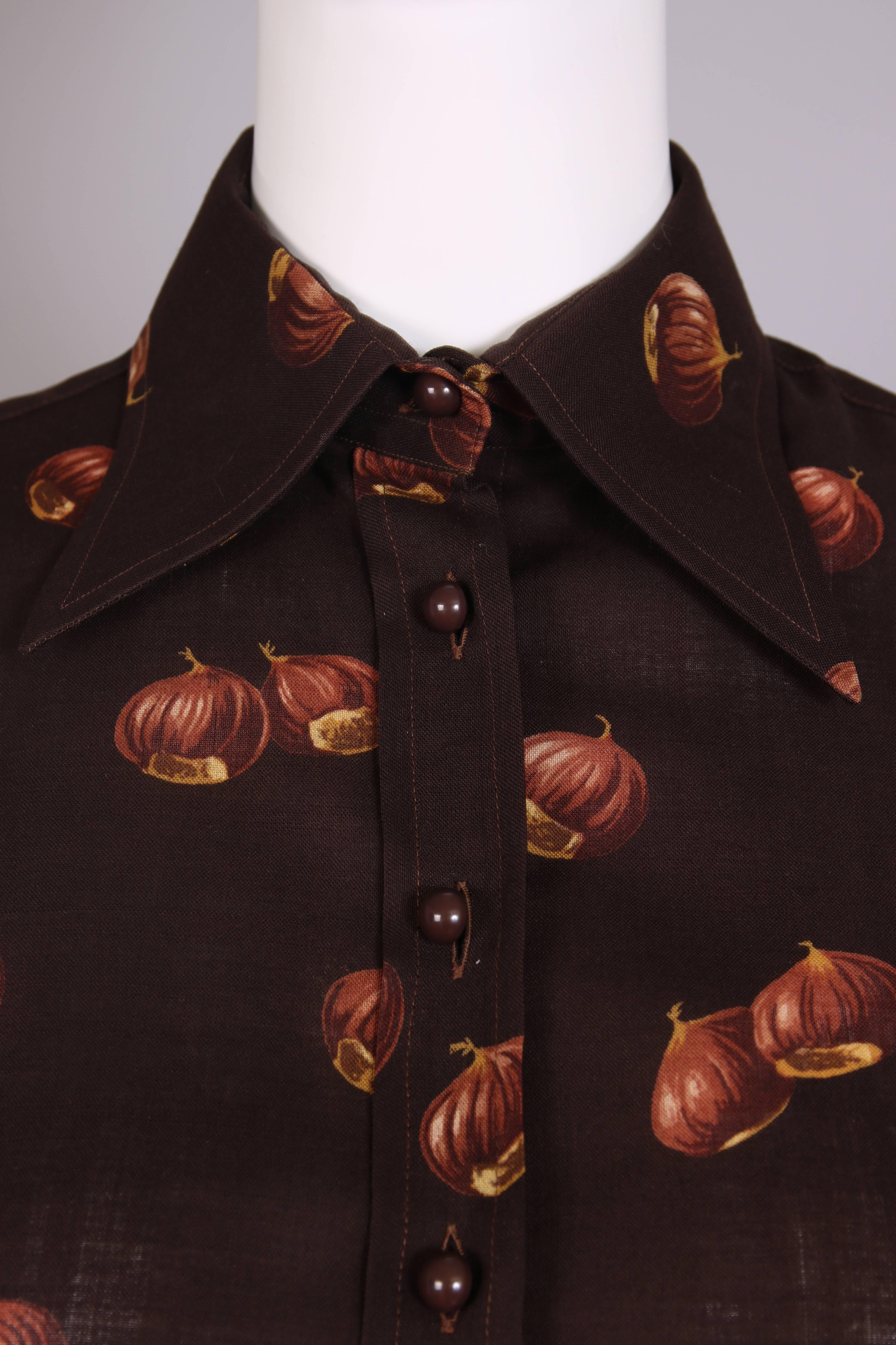 Women's 1970s Valentino Brown Acorn Print Blouse