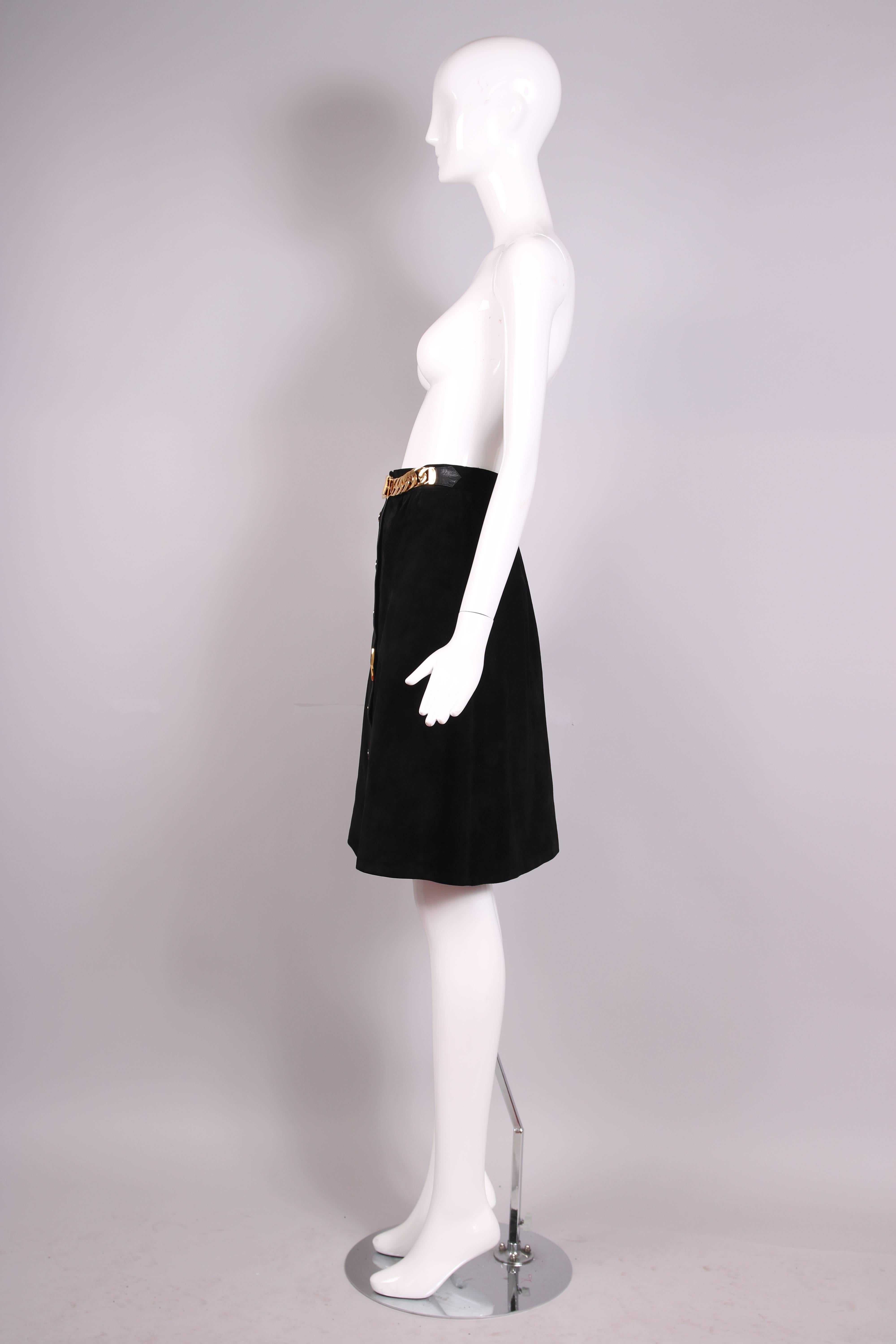 Women's 1970's Gucci Black Suede A-line Skirt W/Chainlink Belt & GG logo buttons