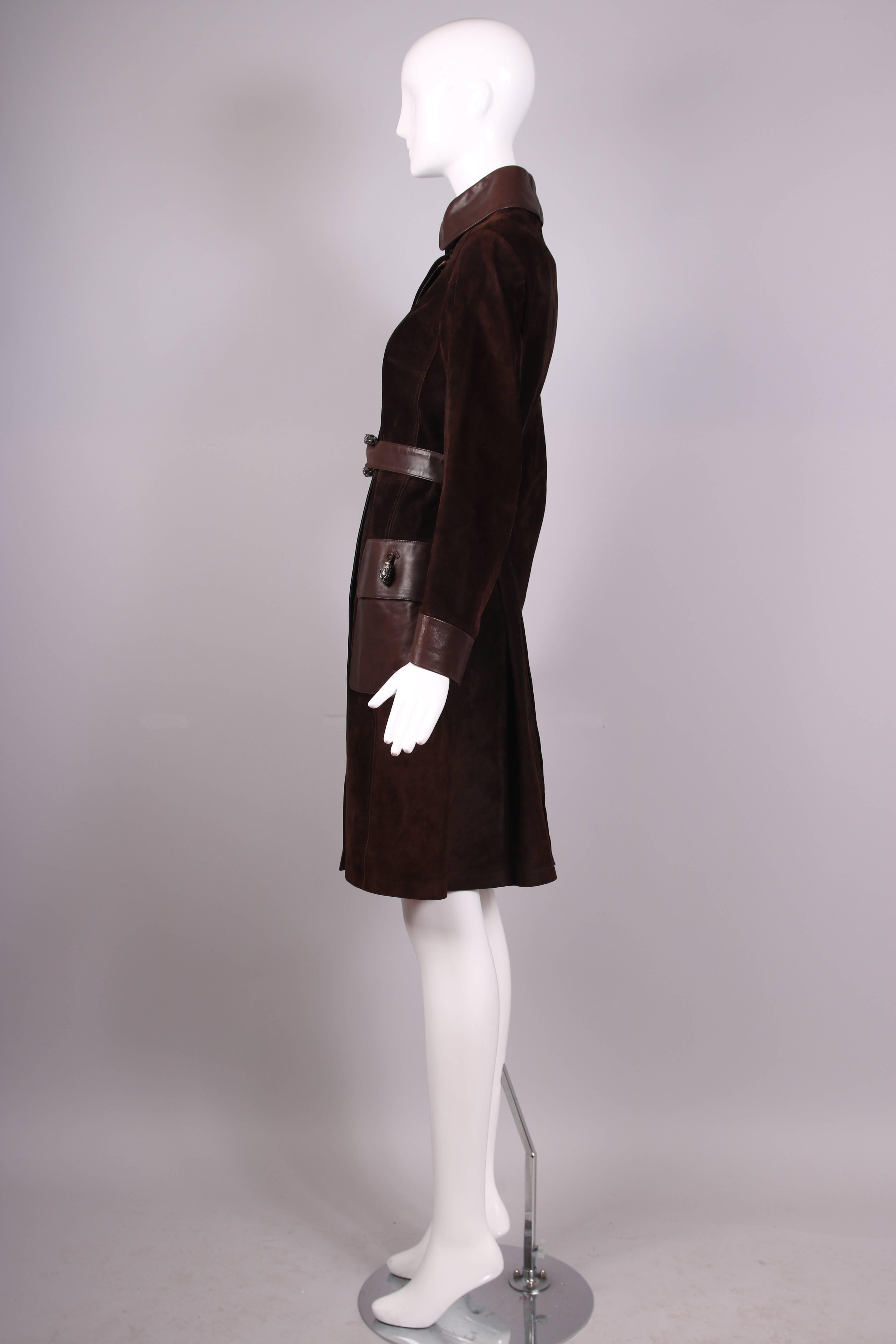 1970s Gucci Brown Suede & Leather Trim Coat W/Sterling Silver Tiger head Details In Excellent Condition In Studio City, CA
