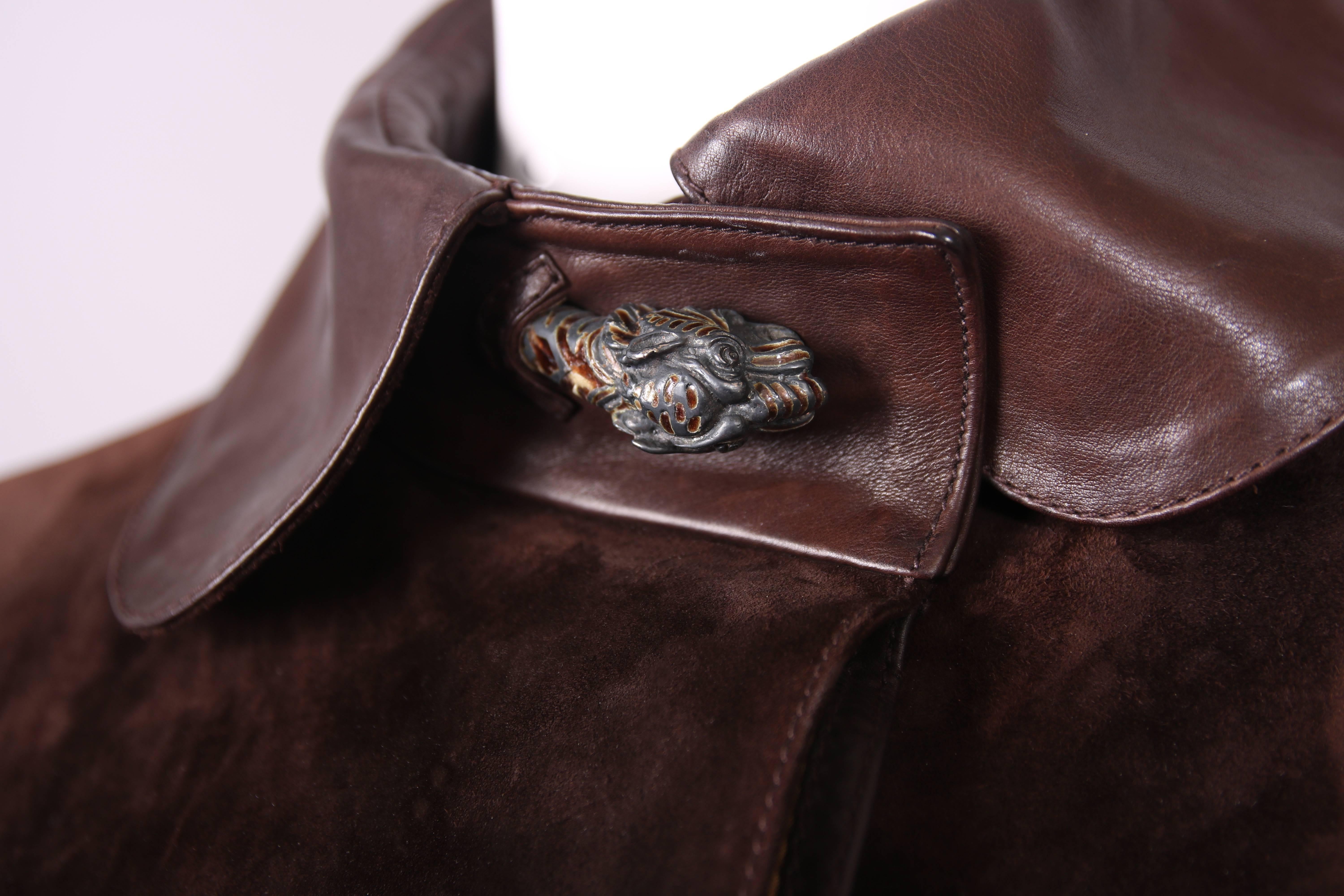 1970s Gucci Brown Suede & Leather Trim Coat W/Sterling Silver Tiger head Details 3