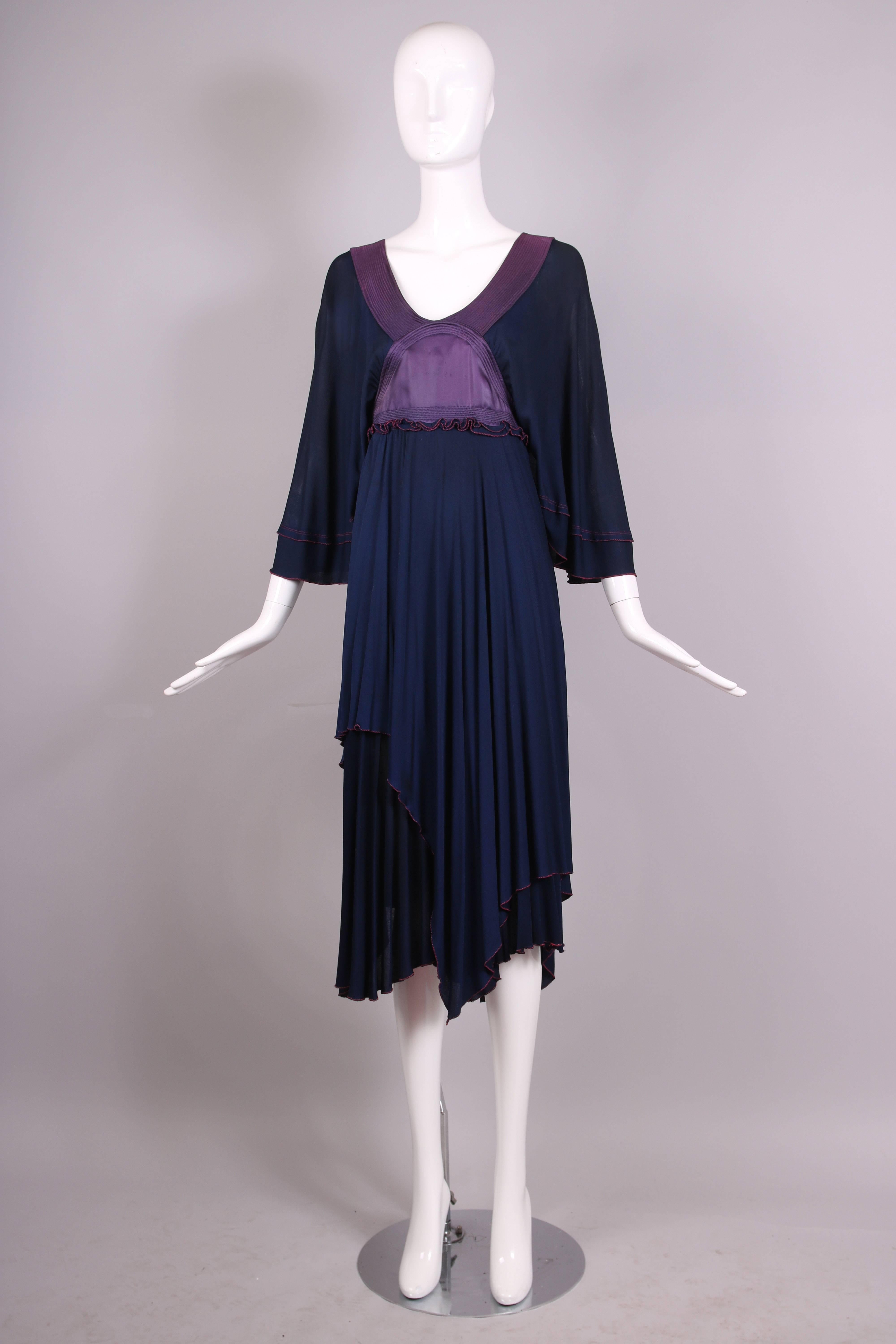 Black Vintage Zandra Rhodes Navy & Purple Empire Waist Dress W/Bat Wing Sleeves