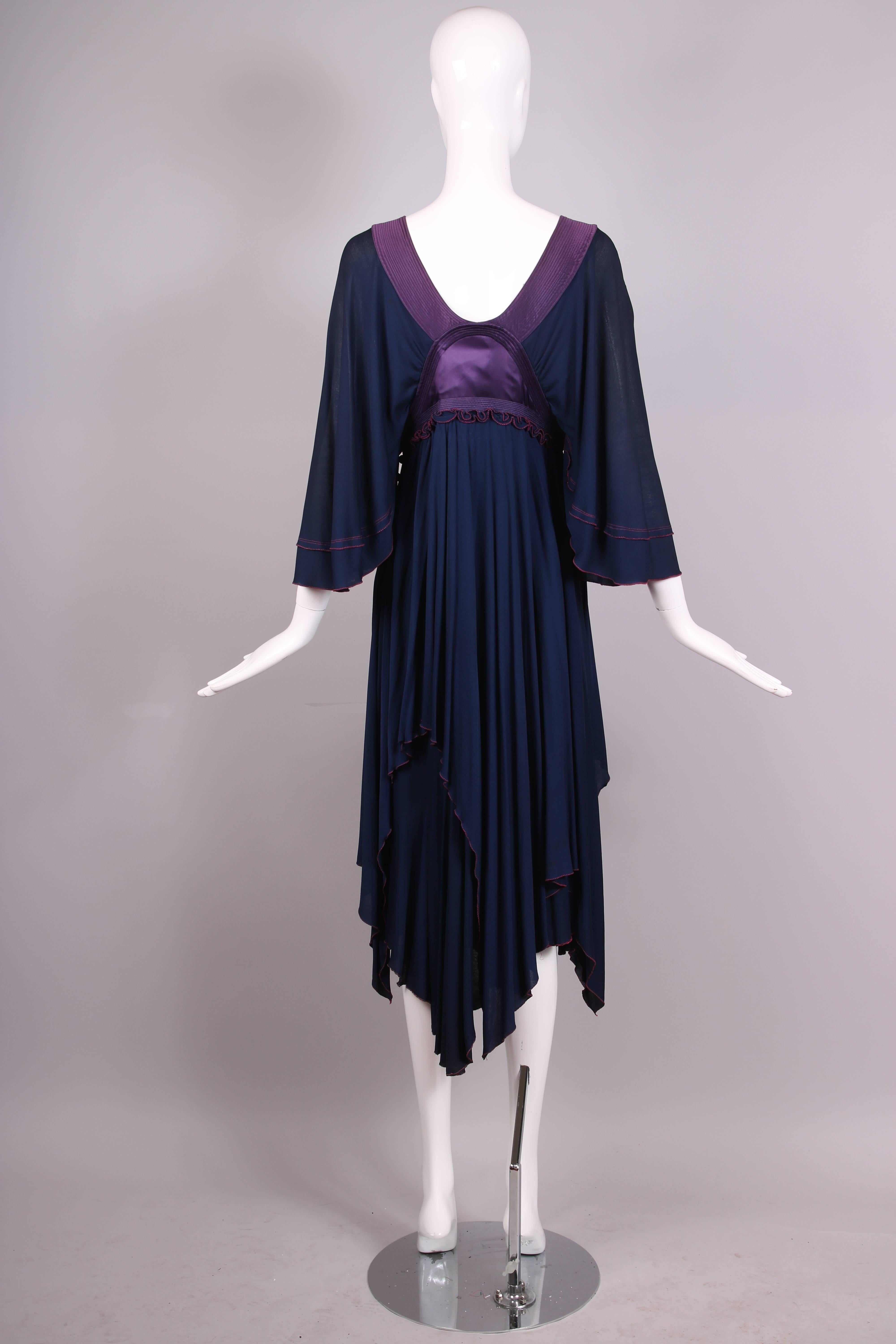 Vintage Zandra Rhodes Navy & Purple Empire Waist Dress W/Bat Wing Sleeves In Excellent Condition In Studio City, CA