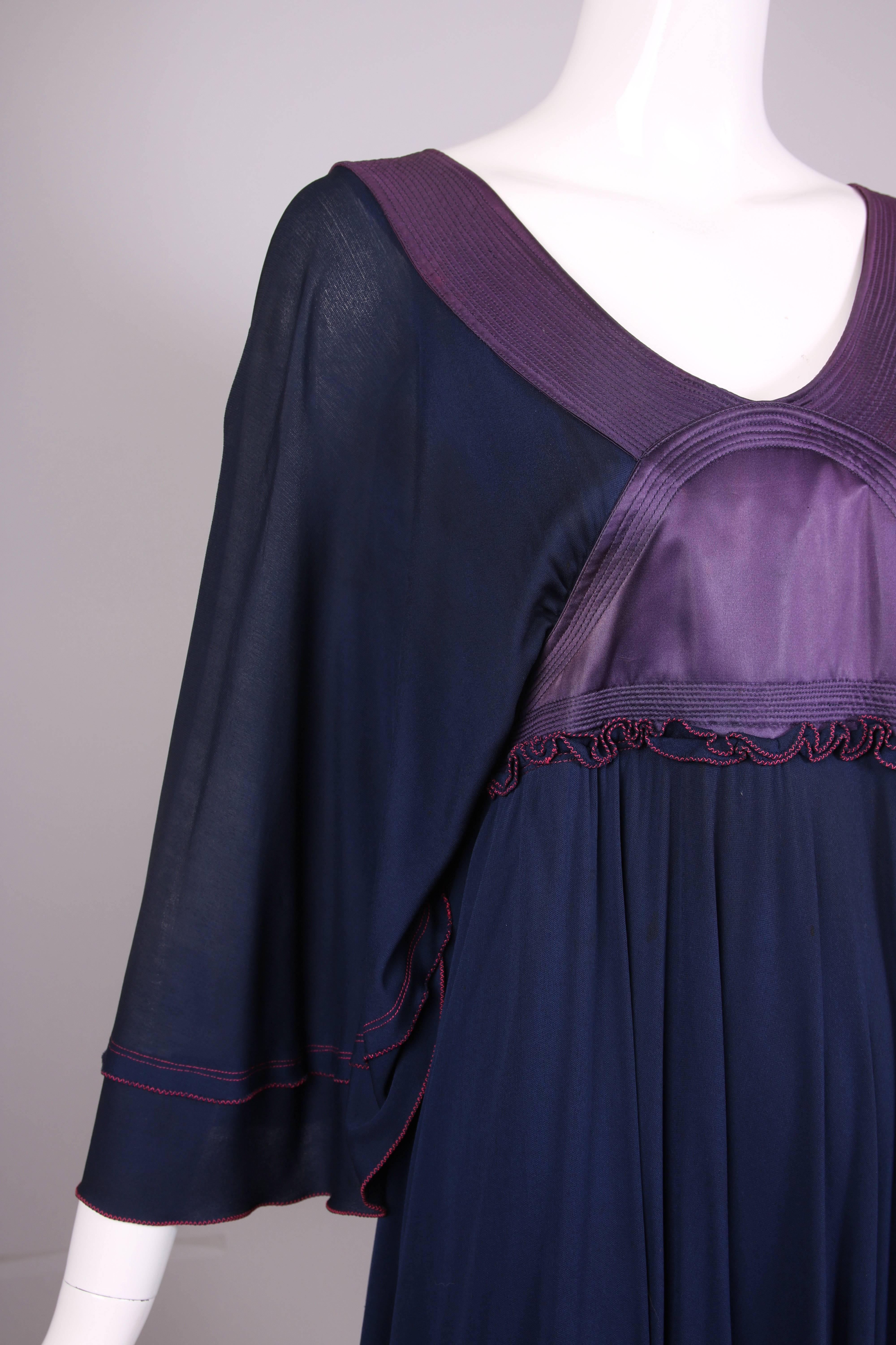 Women's Vintage Zandra Rhodes Navy & Purple Empire Waist Dress W/Bat Wing Sleeves