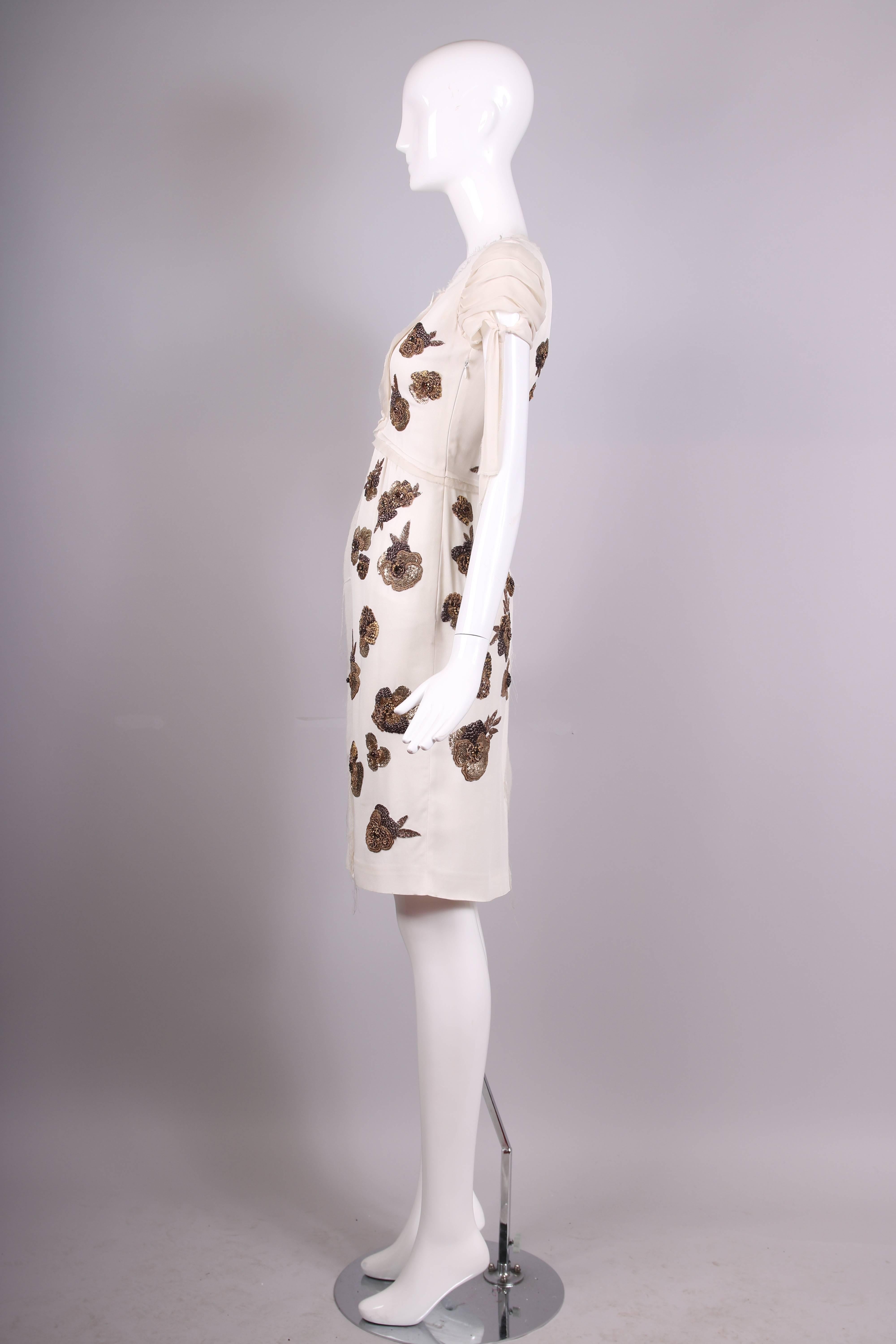 Dice Kayek White Silk Dress w/Floral Beaded Design  In Excellent Condition In Studio City, CA