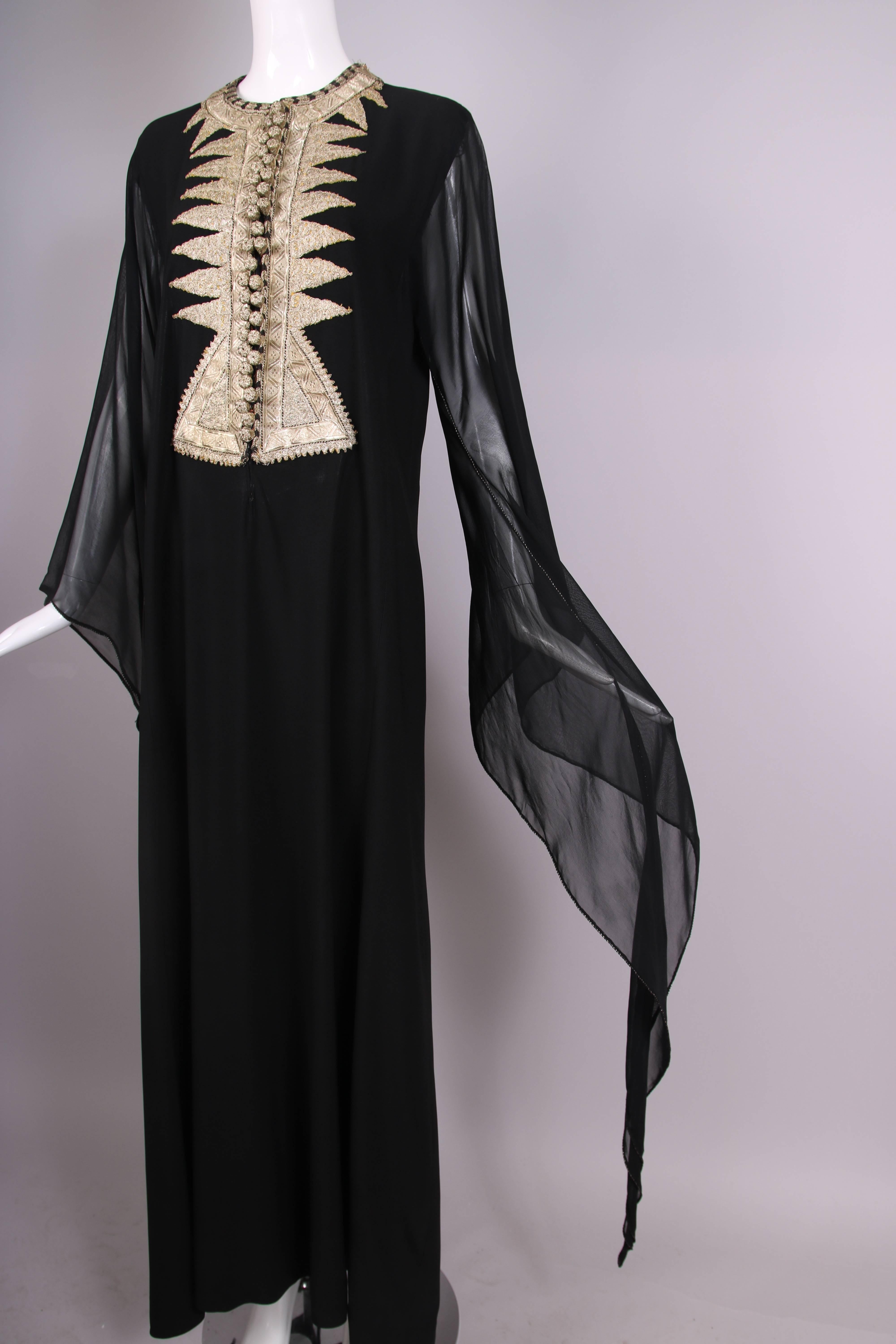 1970's Black Caftan W/Gold Embroidered Detail & Butterfly Sleeves 3