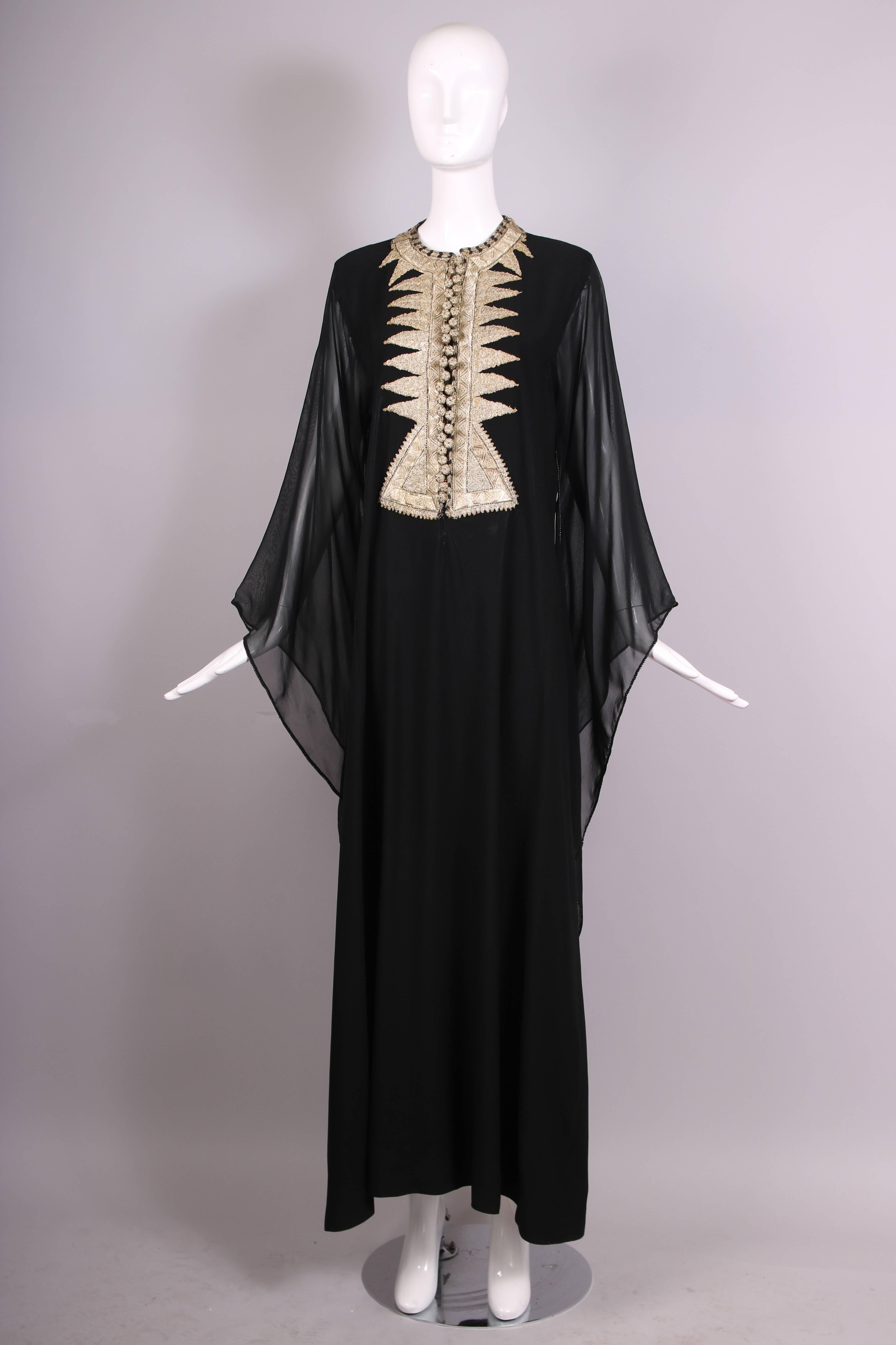 1970's Black Caftan W/Gold Embroidered Detail & Butterfly Sleeves In Excellent Condition In Studio City, CA