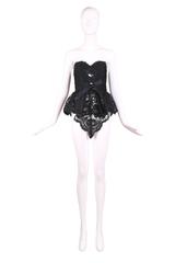 Vintage Bill Blass Black French Lace Bustier W/Peplum Waist & Silk Bow Detail