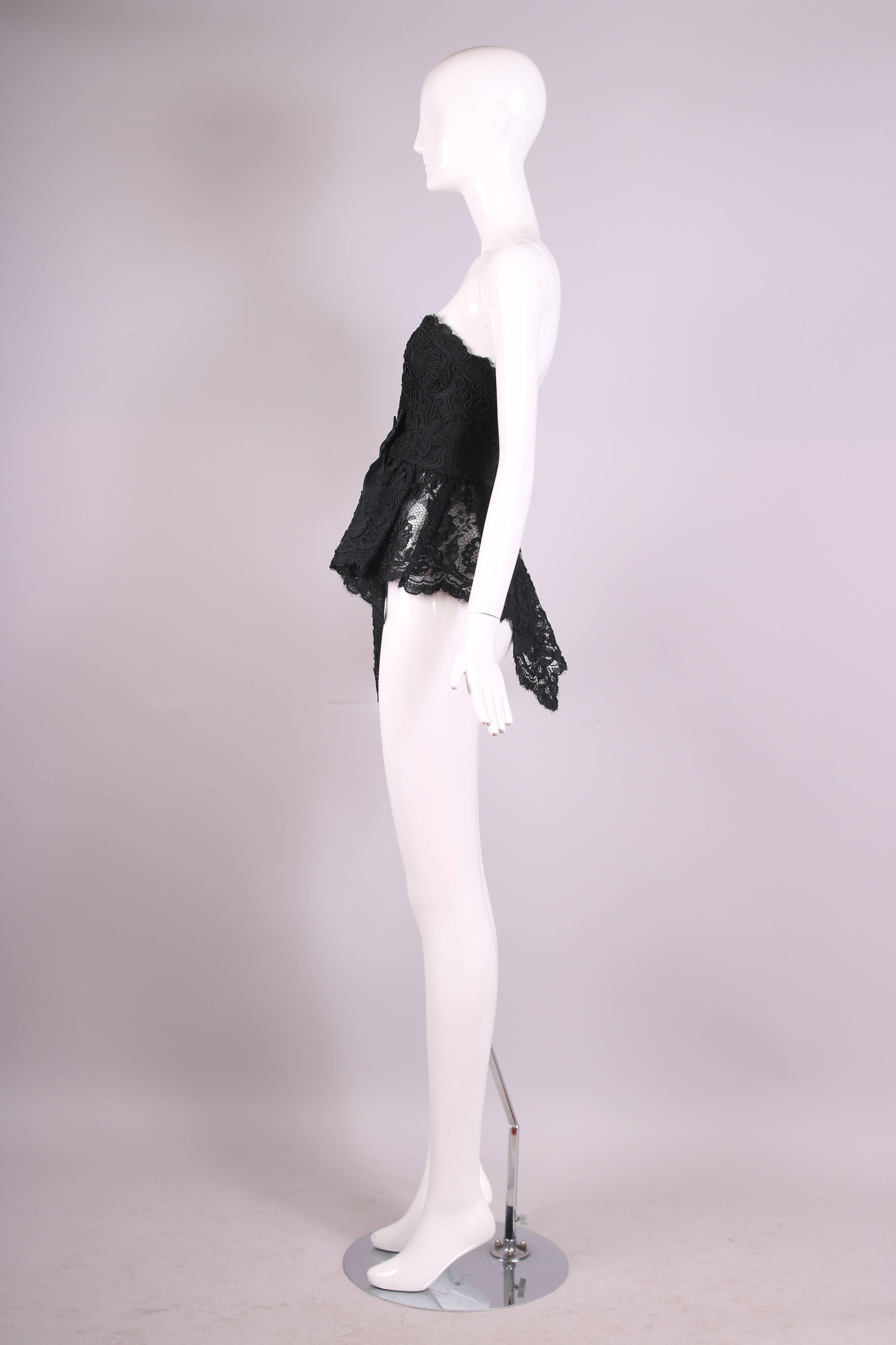 Women's Vintage Bill Blass Black French Lace Bustier W/Peplum Waist & Silk Bow Detail