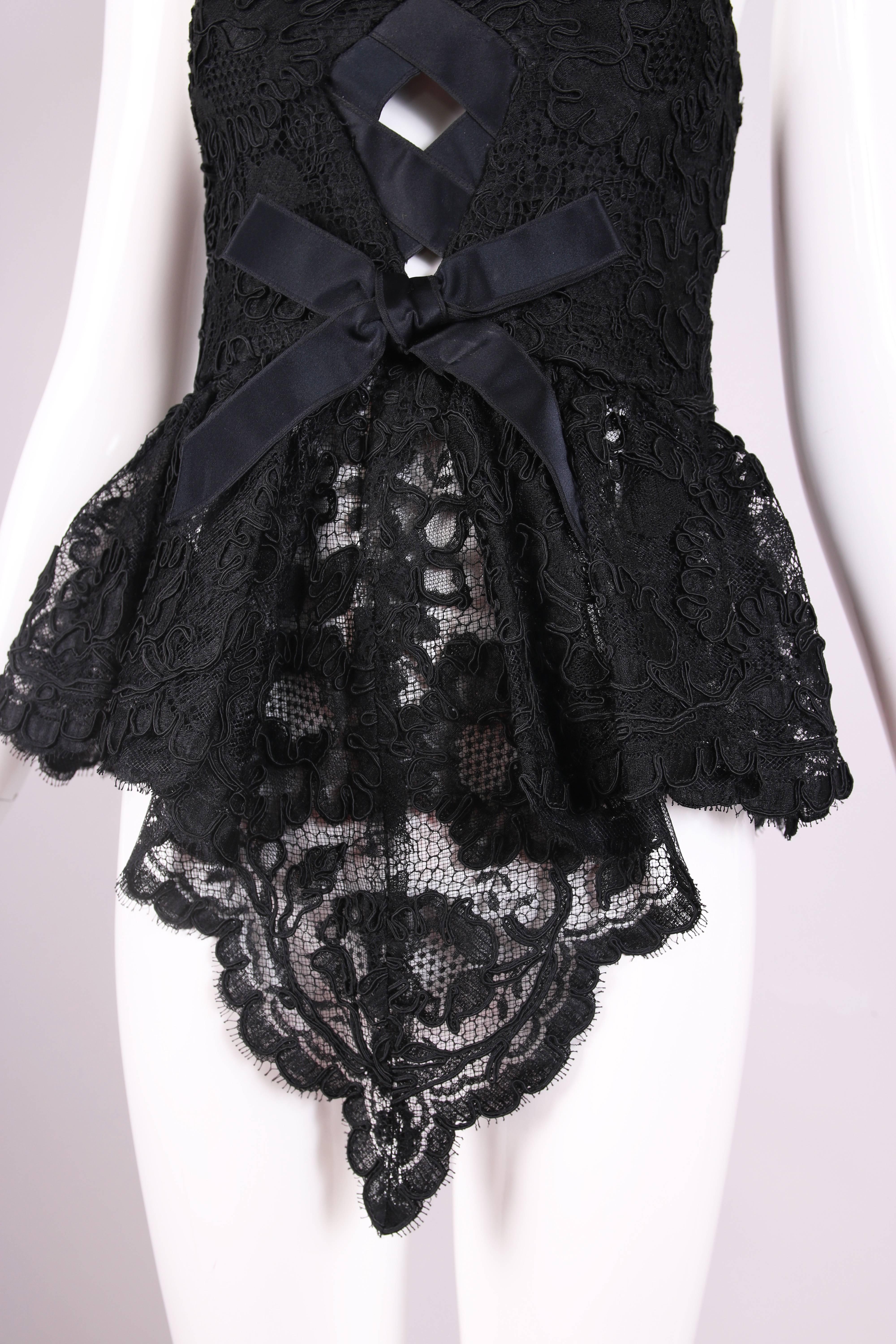 Vintage Bill Blass Black French Lace Bustier W/Peplum Waist & Silk Bow Detail 2