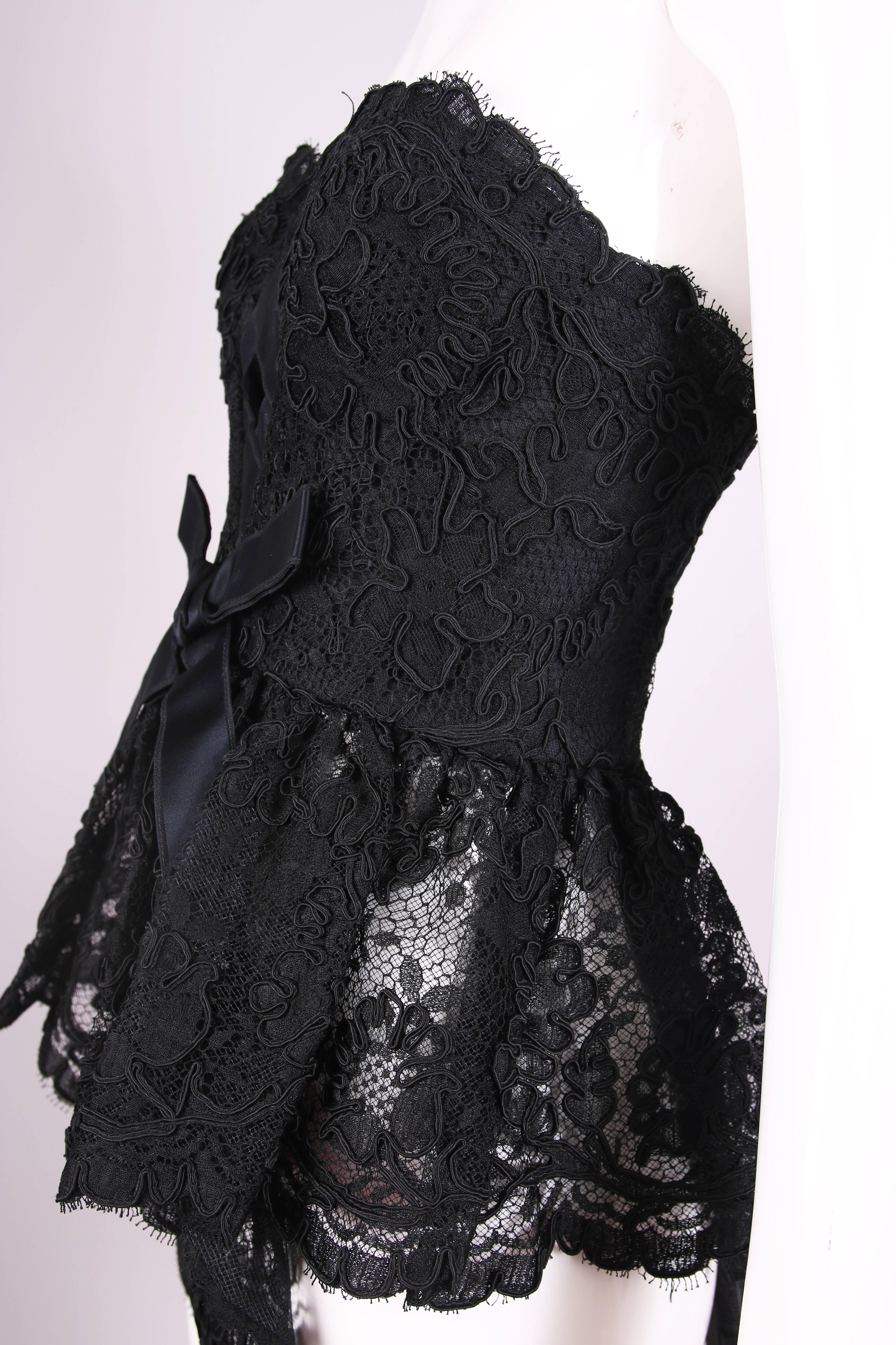 Vintage Bill Blass Black French Lace Bustier W/Peplum Waist & Silk Bow Detail 3