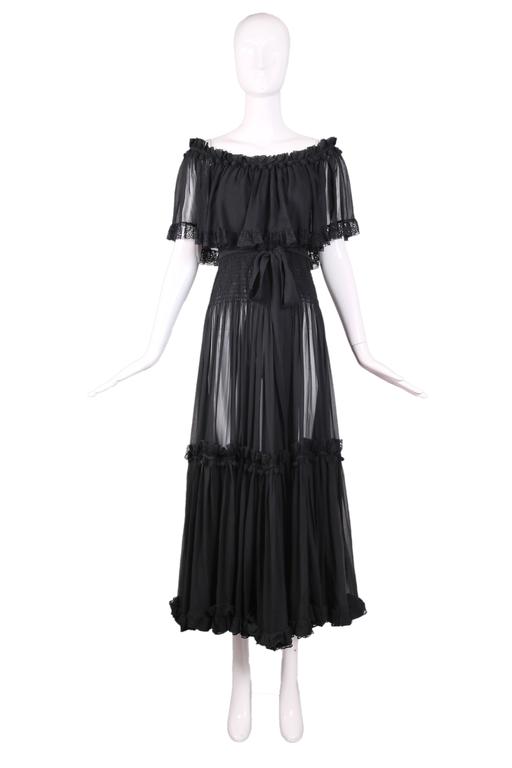 1970s Yves Saint Laurent YSL Black Silk Tiered Off the Shoulder Gown W ...