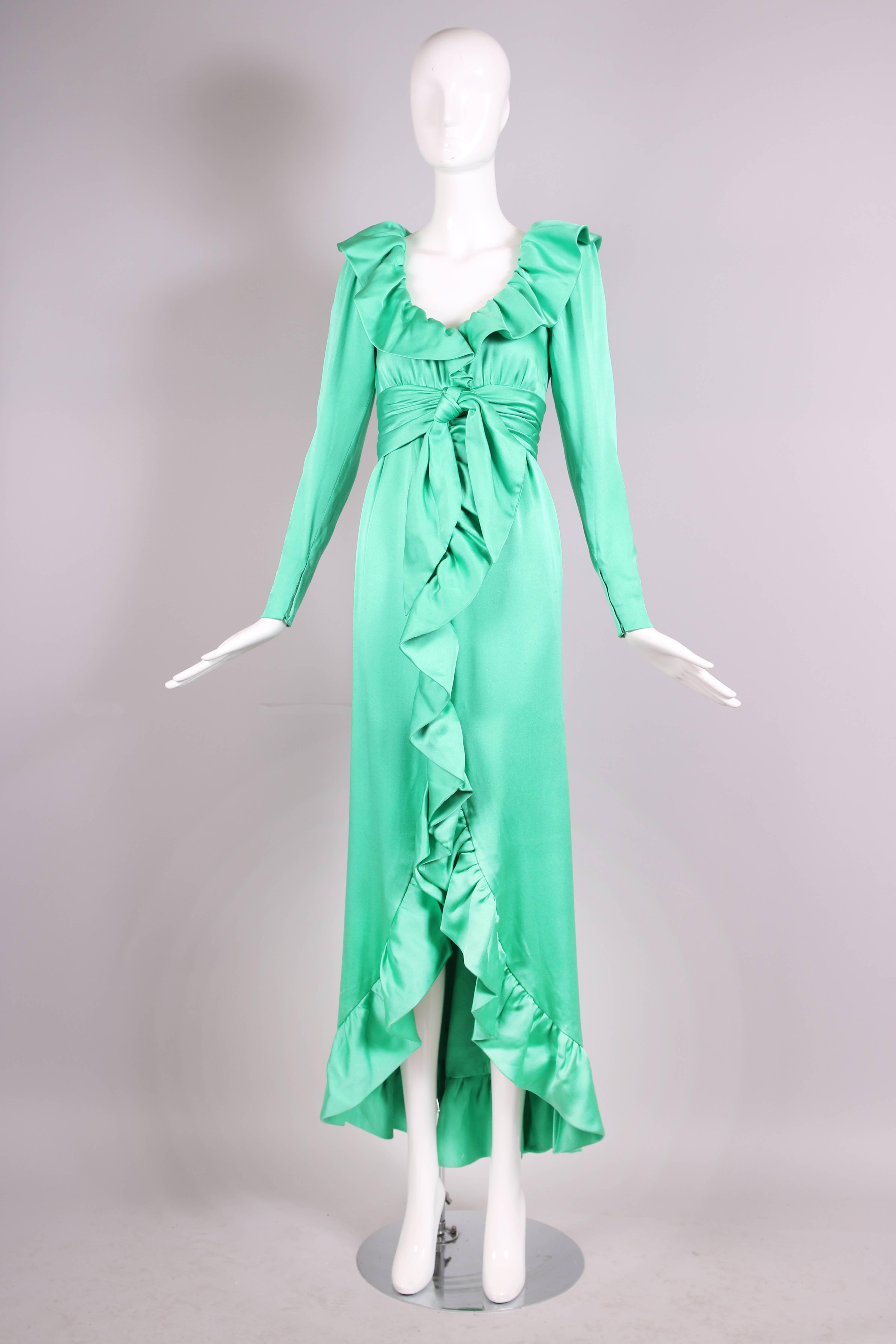 Givenchy Haute Couture Sea Foam Green Silk Gown With Ruffle Neckline No 70369 In Excellent Condition In Studio City, CA