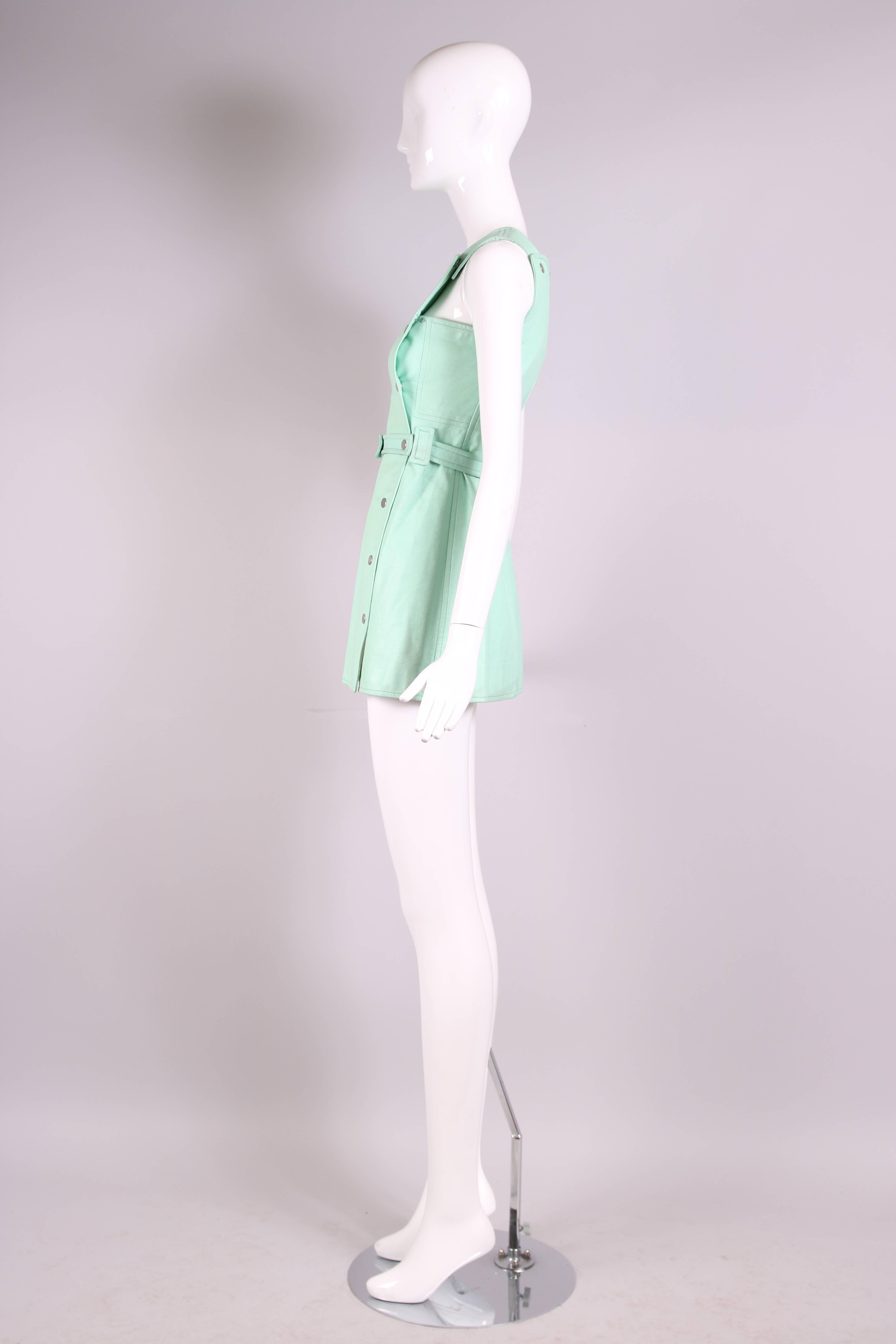 Women's 1970's Courreges Aqua Blue Vinyl Mini Pinafore Dress 