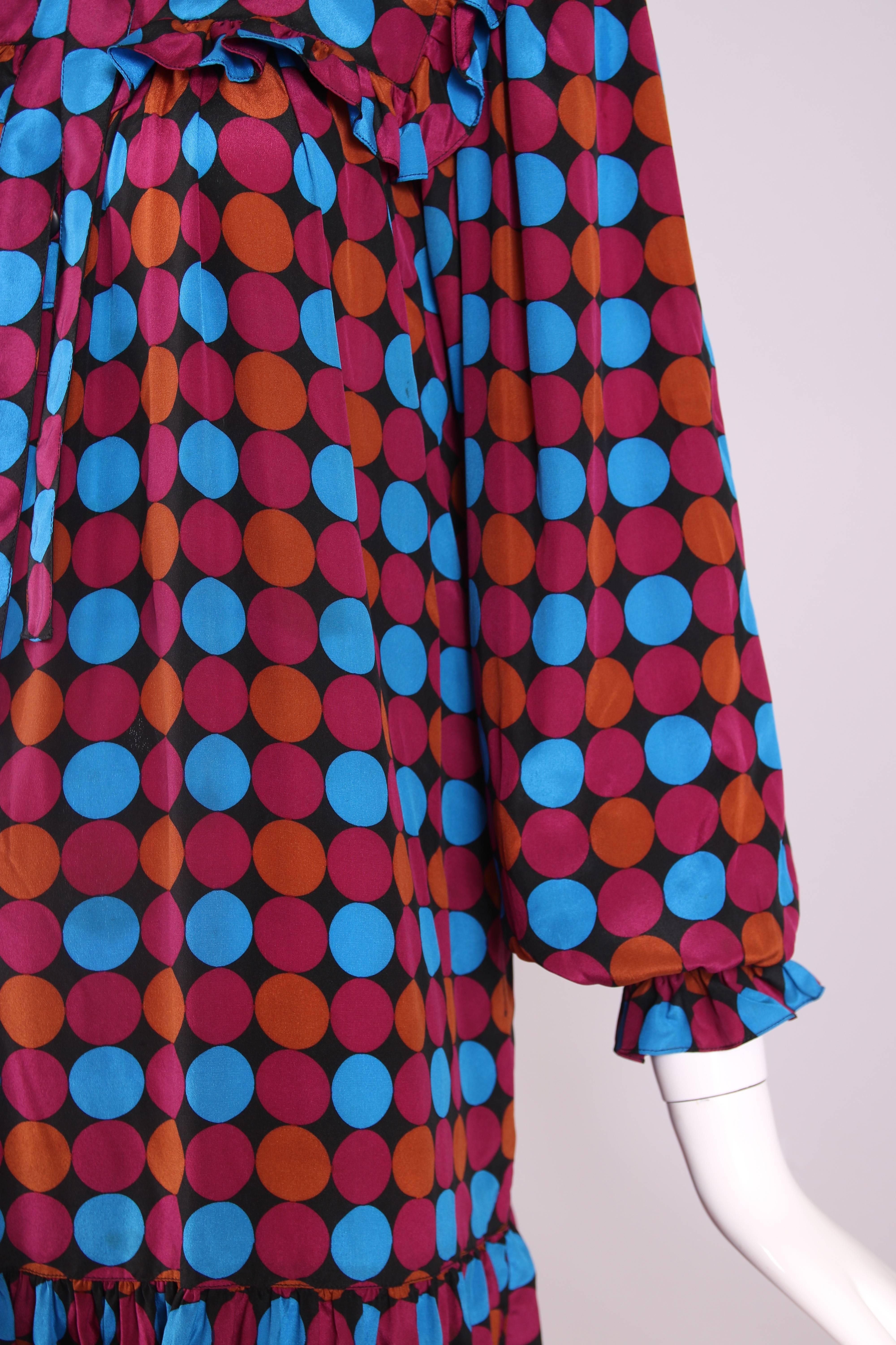 1970's Yves Saint Laurent YSL Geometric Print Silk Ruffled Day Dress 2