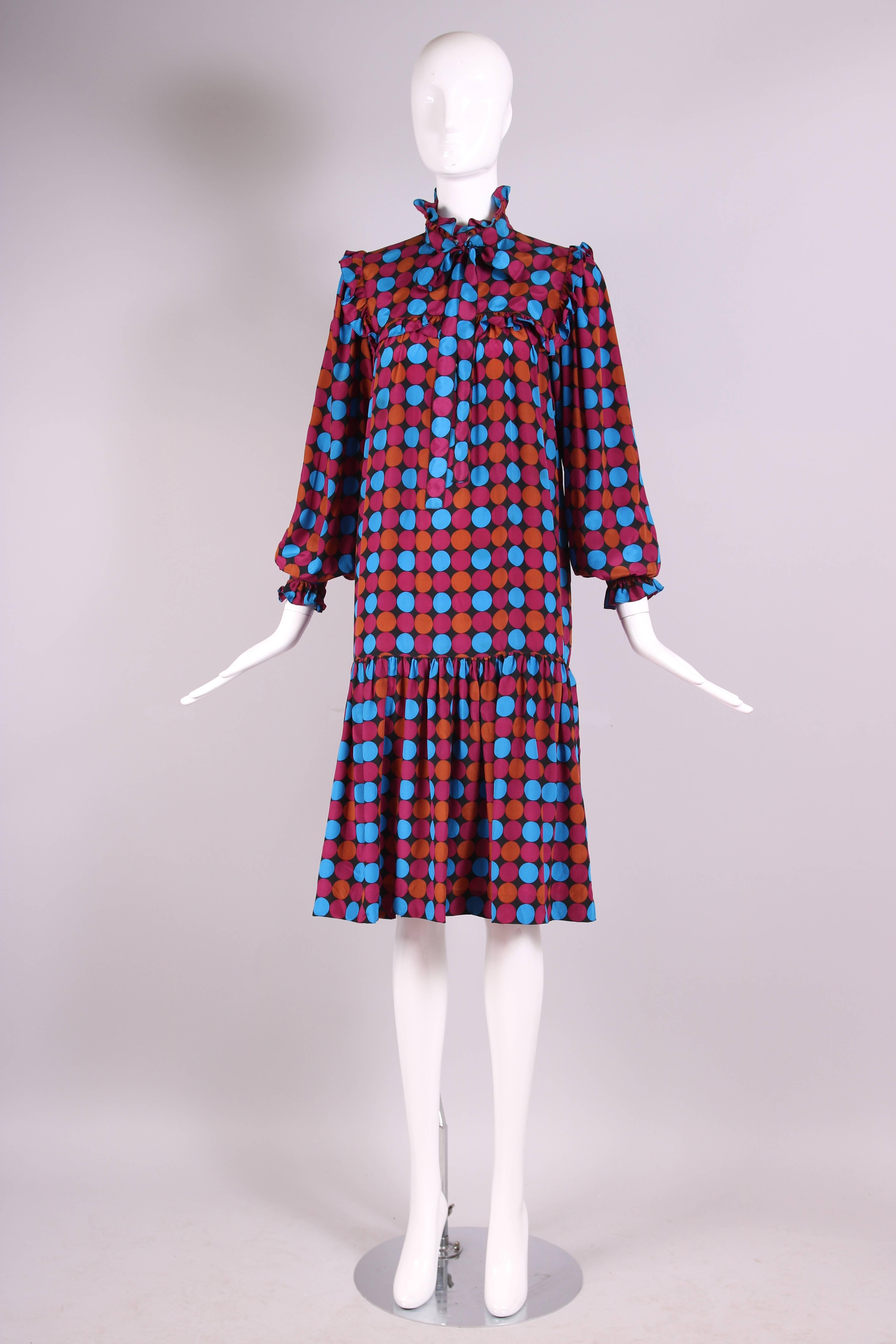Black 1970's Yves Saint Laurent YSL Geometric Print Silk Ruffled Day Dress