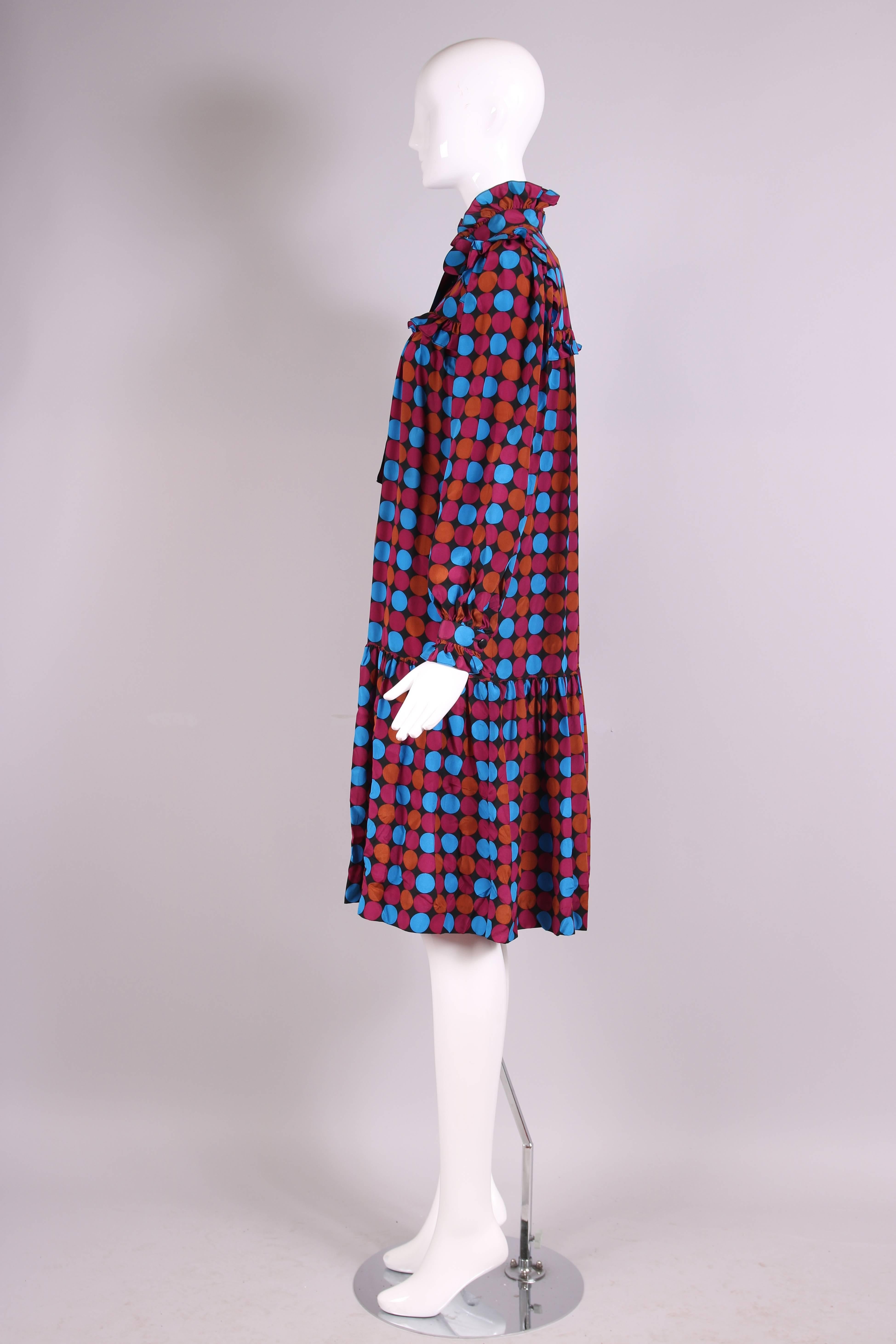 1970's Yves Saint Laurent YSL Geometric Print Silk Ruffled Day Dress In Excellent Condition In Studio City, CA