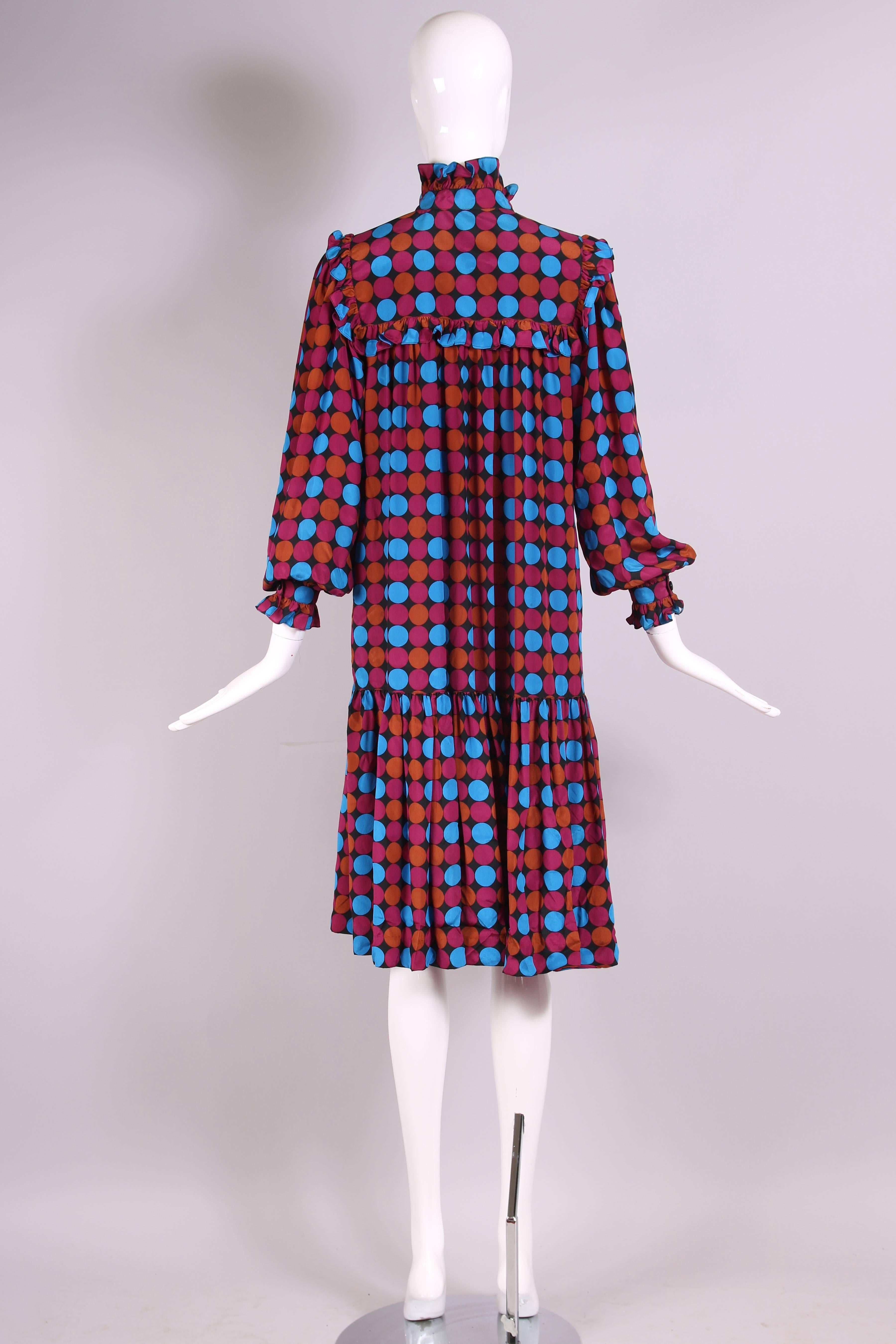 Women's 1970's Yves Saint Laurent YSL Geometric Print Silk Ruffled Day Dress