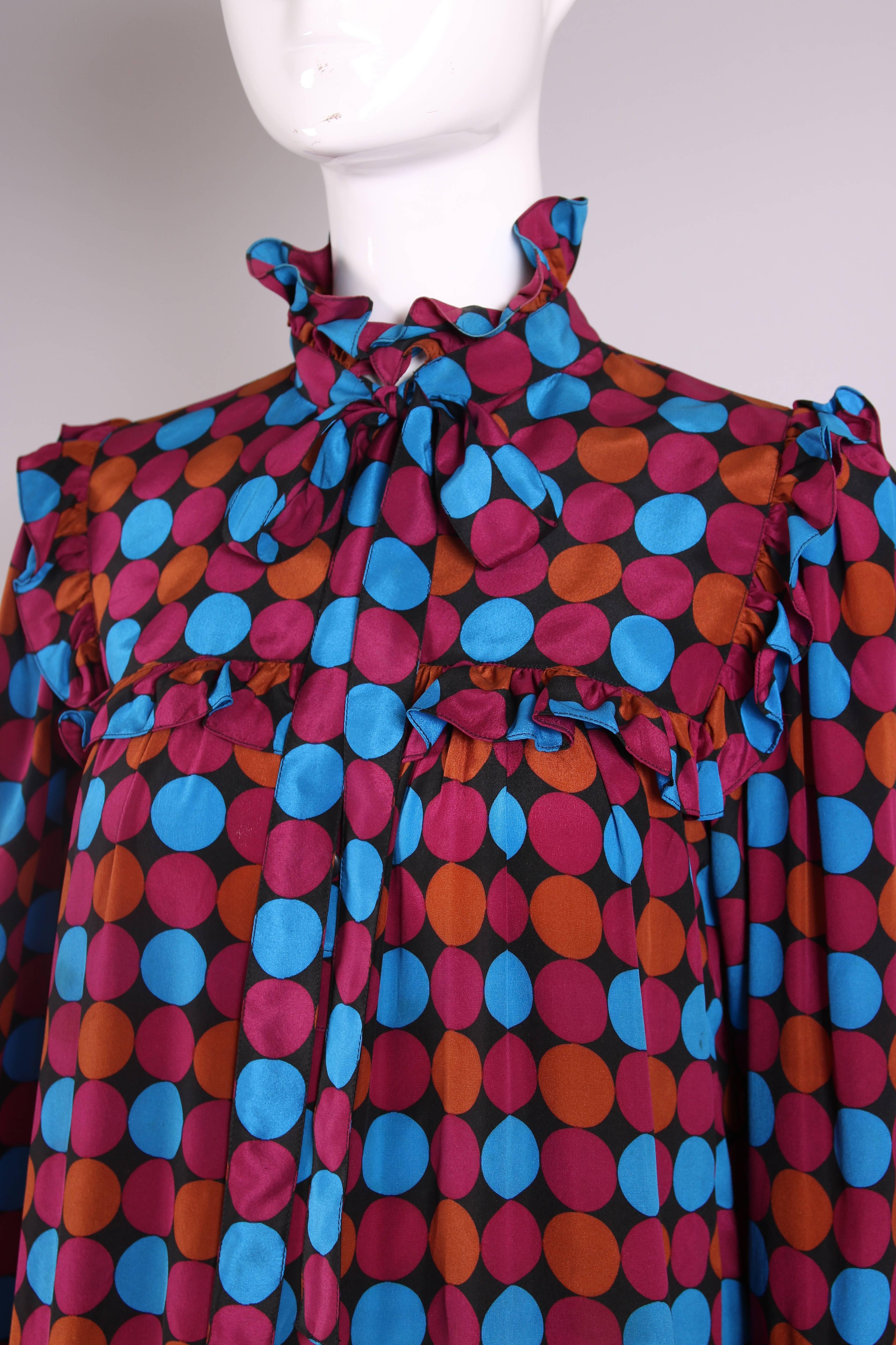 1970's Yves Saint Laurent YSL Geometric Print Silk Ruffled Day Dress 1