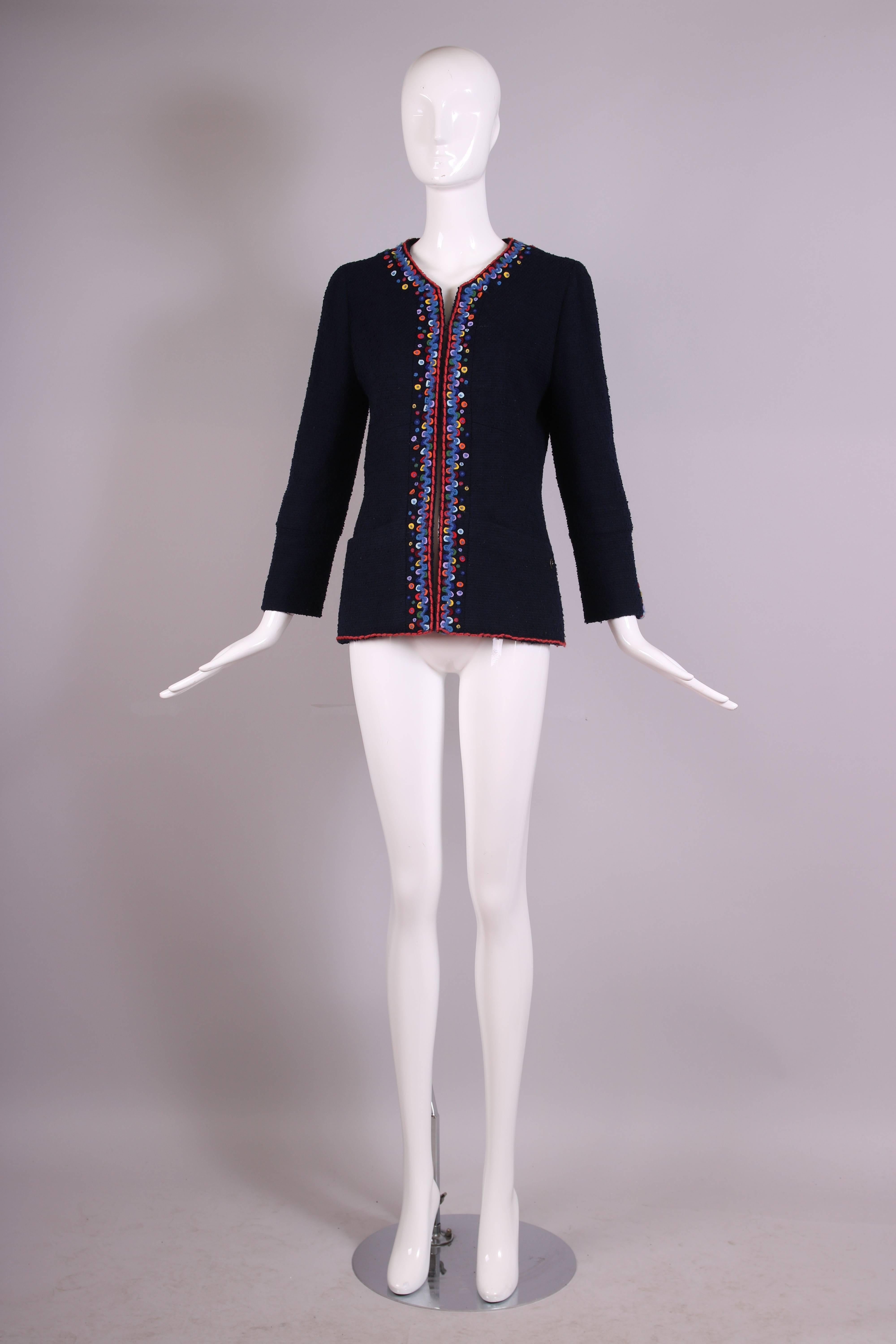 Black 1997 Chanel Navy Blue Wool Boucle Cardigan Jacket W/ Multi-Colored Stitched Trim