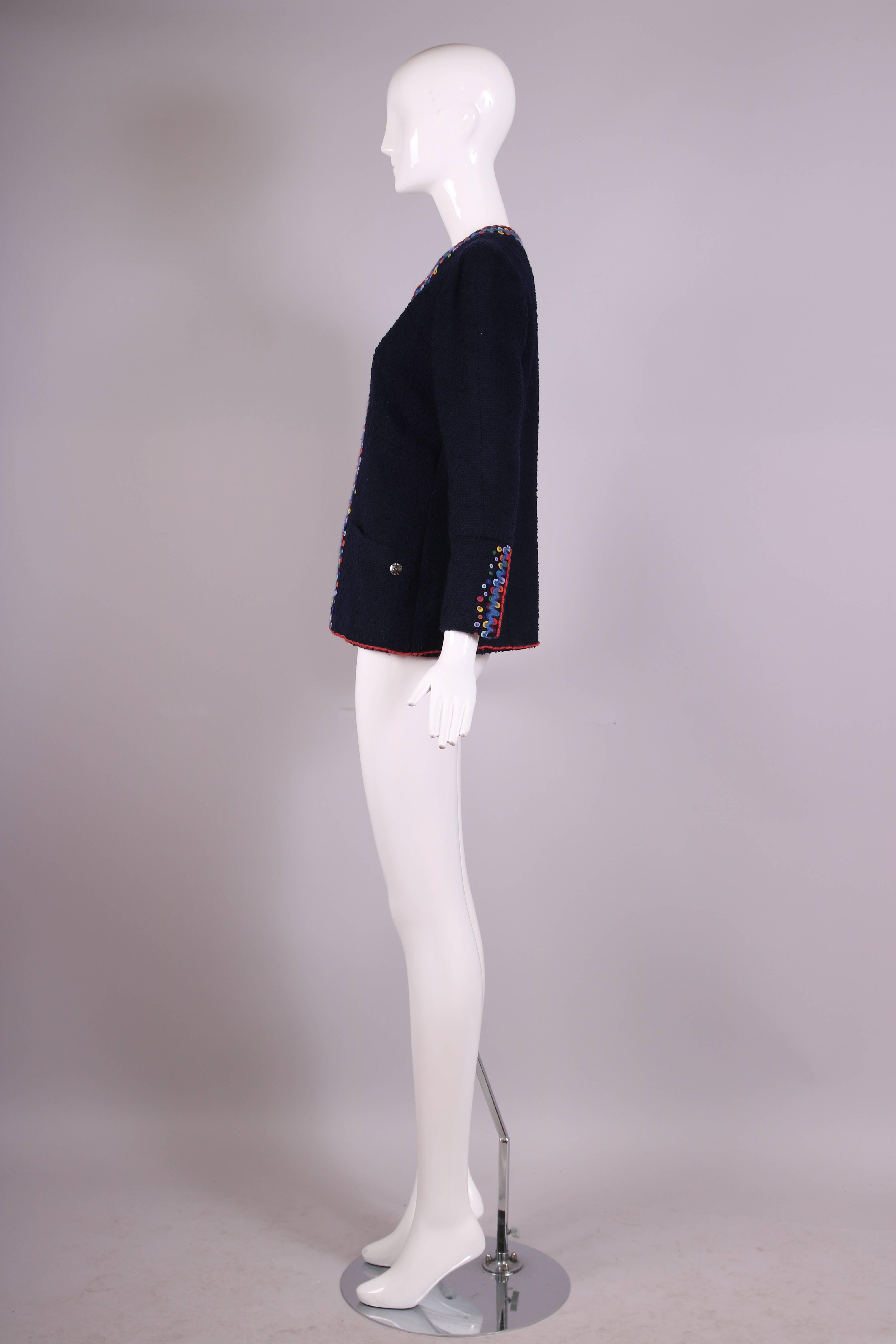 1997 Chanel Navy Blue Wool Boucle Cardigan Jacket W/ Multi-Colored Stitched Trim In Excellent Condition In Studio City, CA