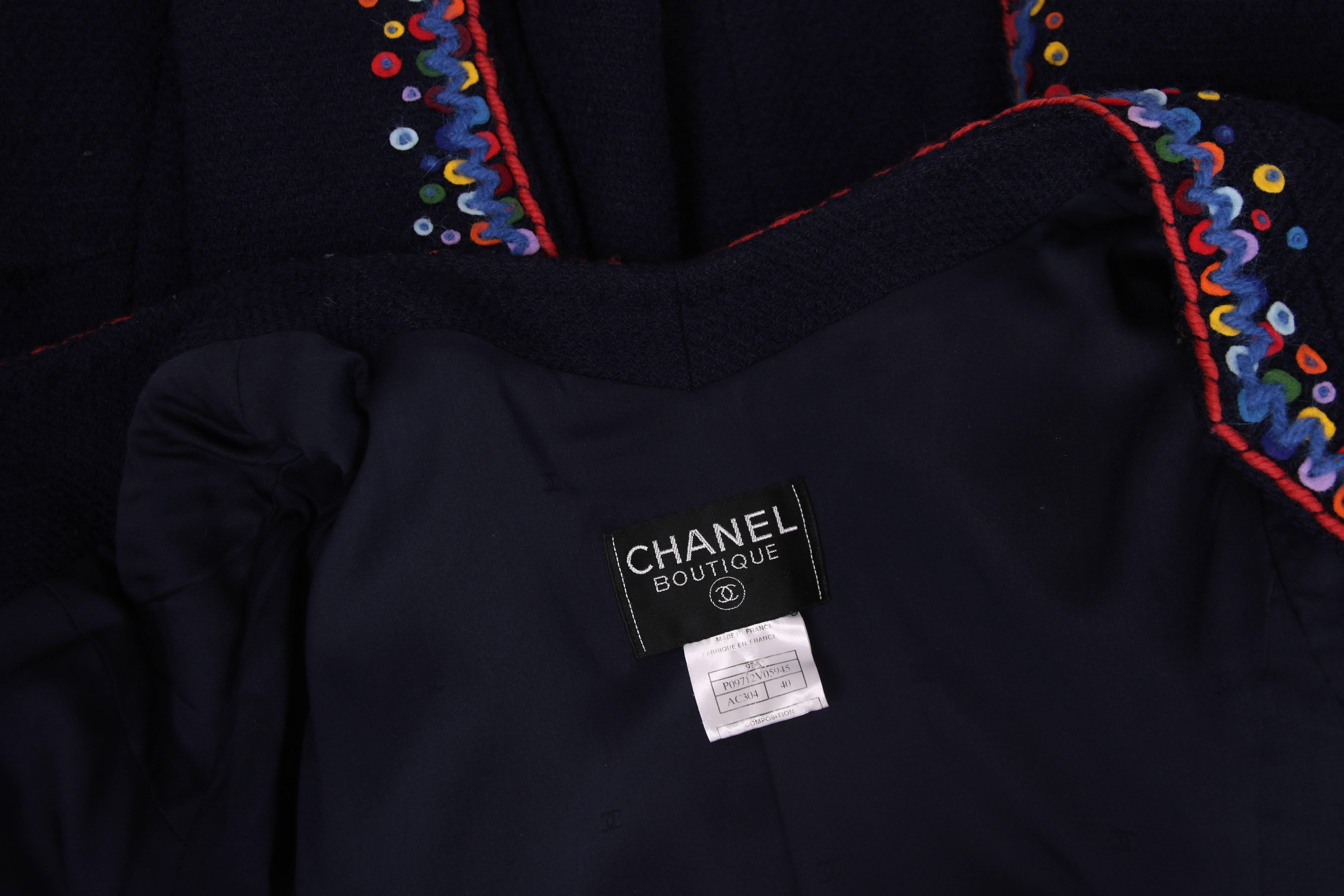 1997 Chanel Navy Blue Wool Boucle Cardigan Jacket W/ Multi-Colored Stitched Trim 3