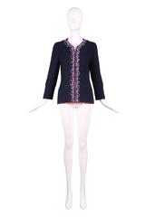 1997 Chanel Navy Blue Wool Boucle Cardigan Jacket W/ Multi-Colored Stitched Trim