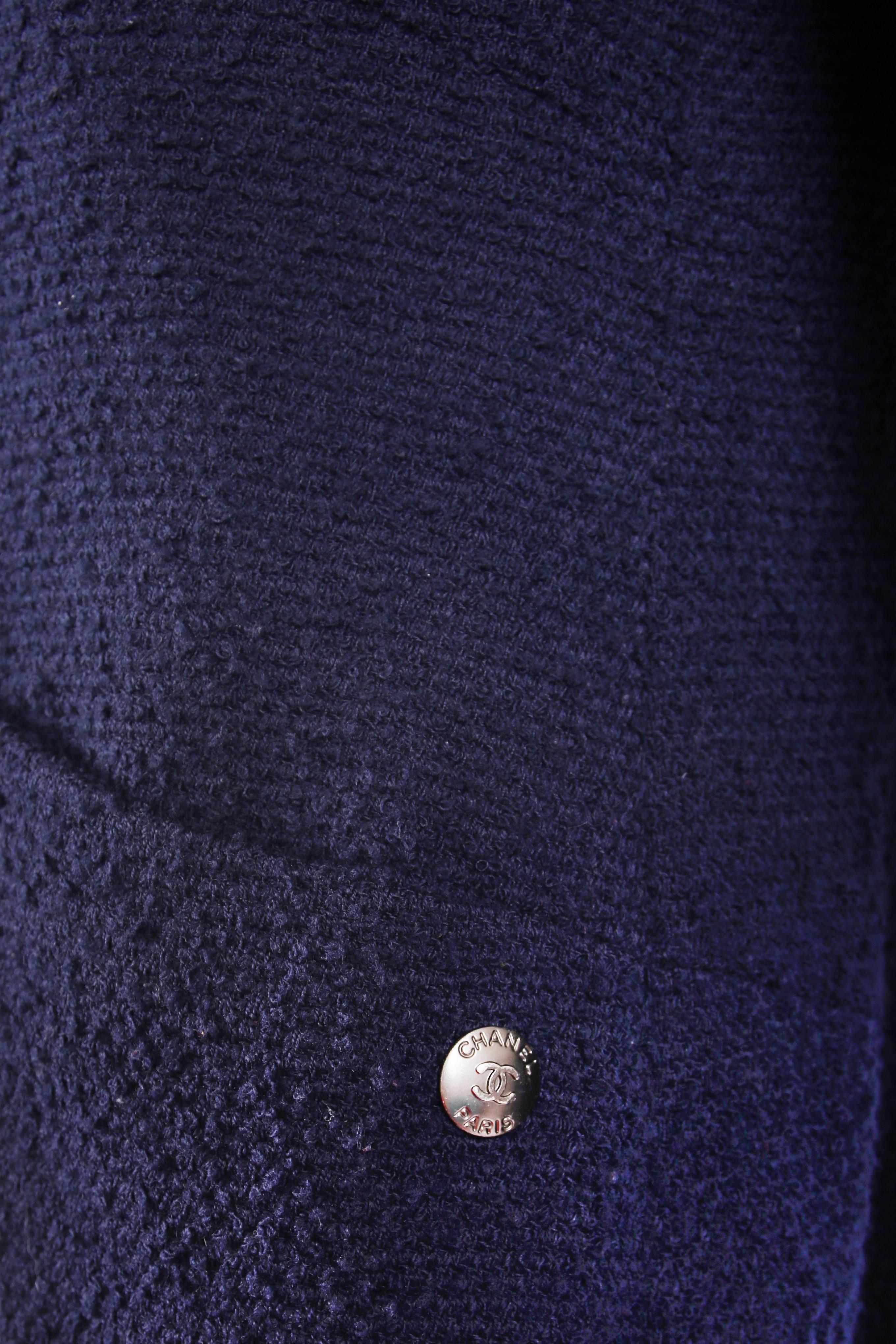1997 Chanel Navy Blue Wool Boucle Cardigan Jacket W/ Multi-Colored Stitched Trim 2