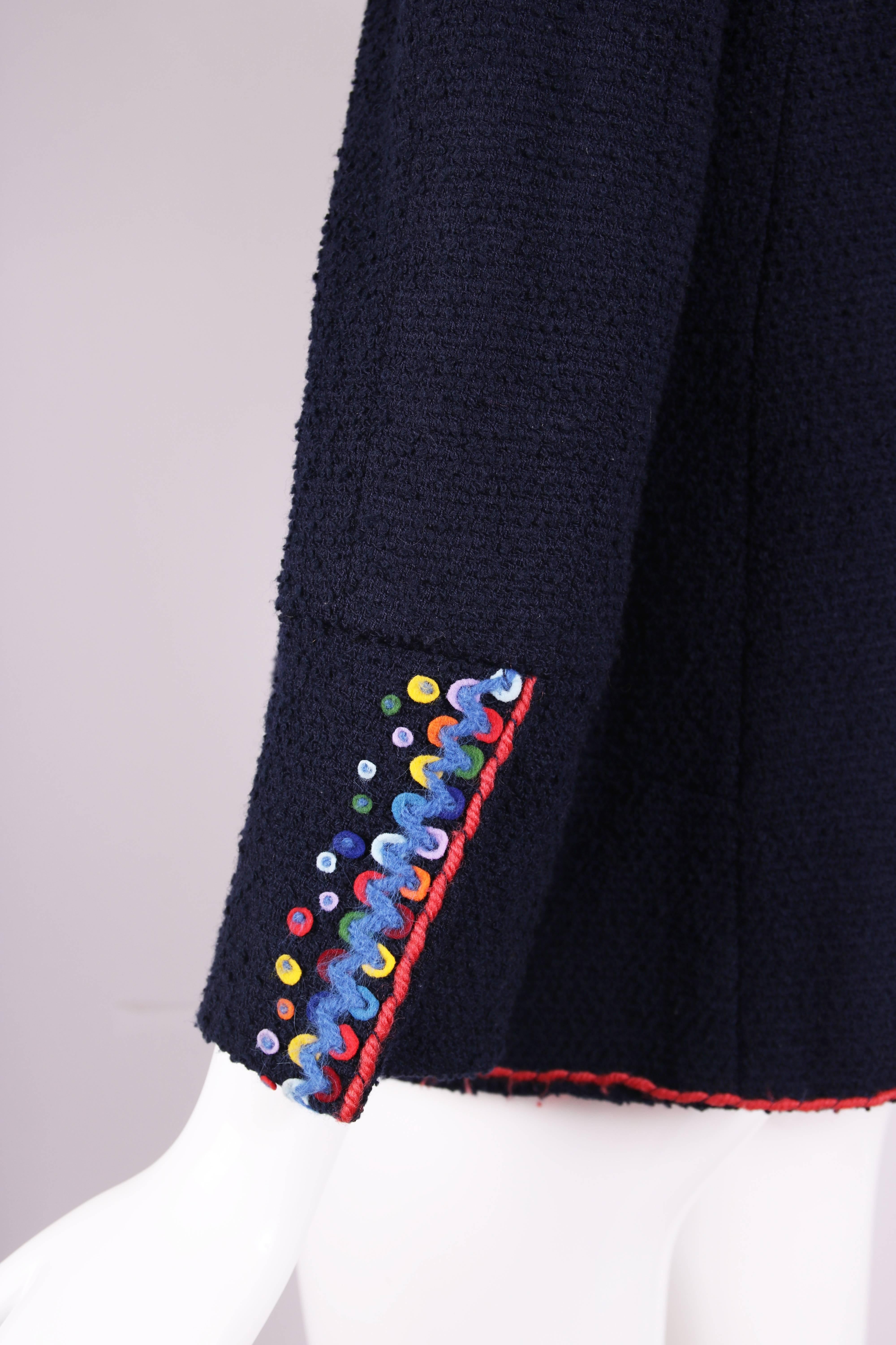 1997 Chanel Navy Blue Wool Boucle Cardigan Jacket W/ Multi-Colored Stitched Trim 1