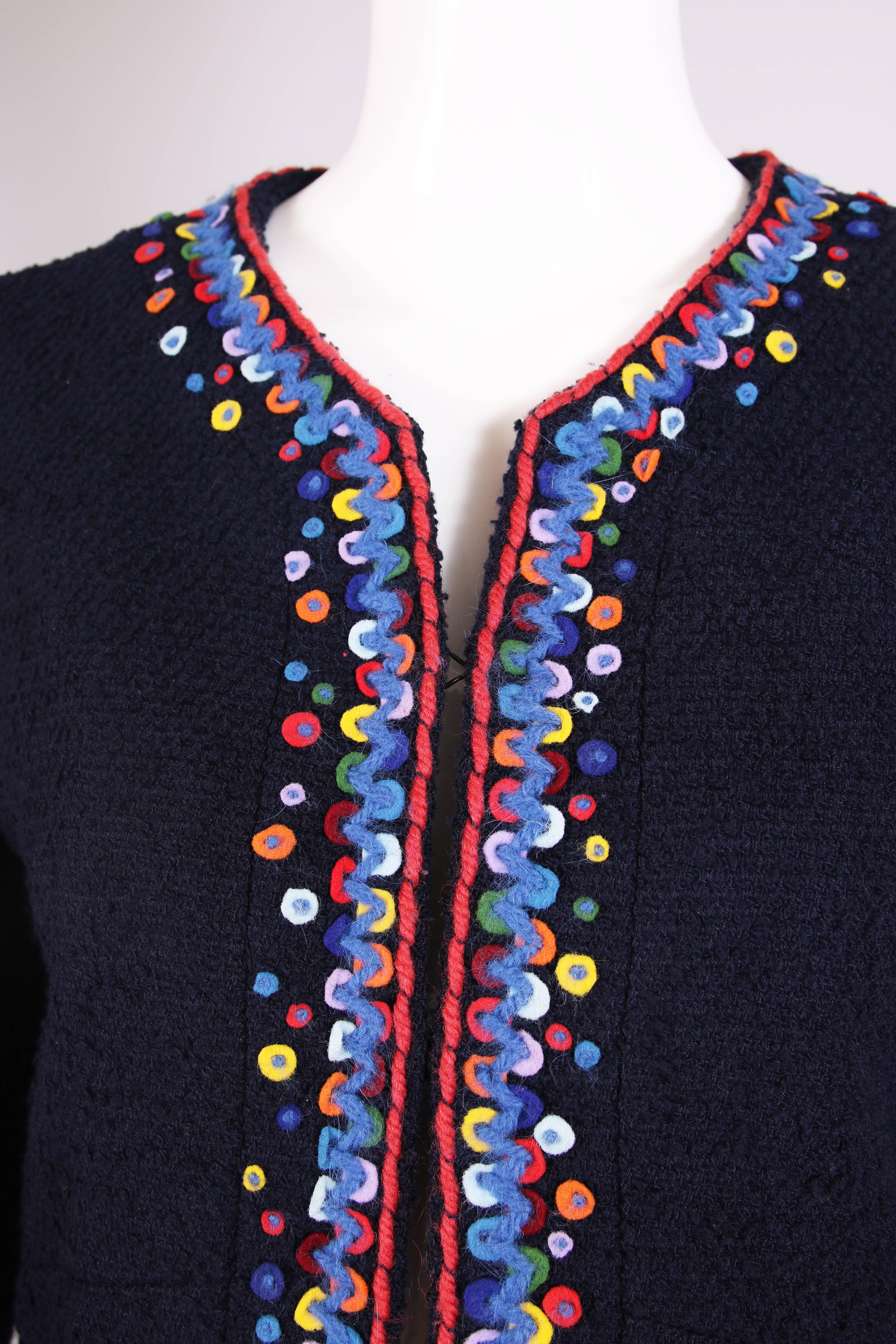 Women's 1997 Chanel Navy Blue Wool Boucle Cardigan Jacket W/ Multi-Colored Stitched Trim