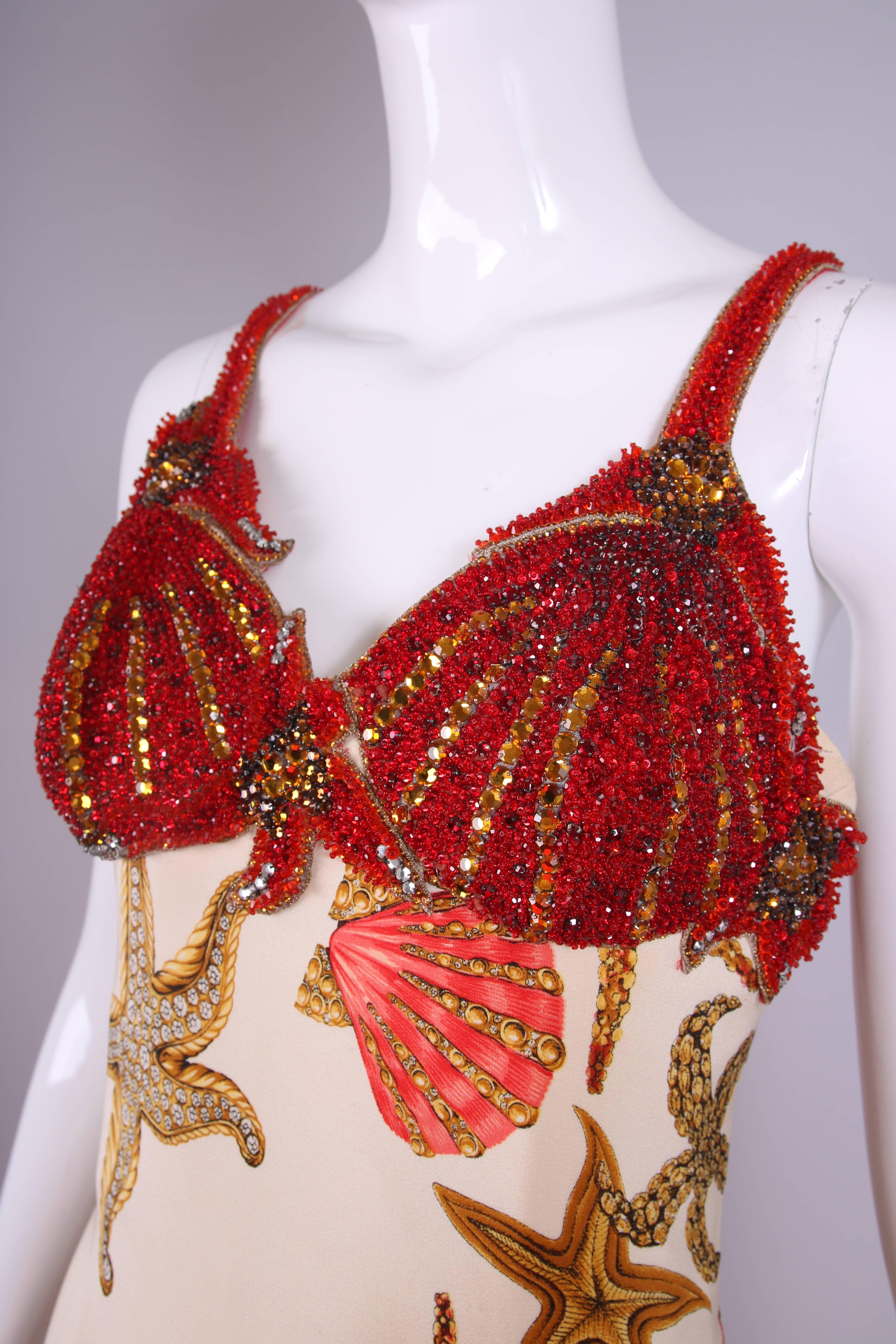 1992 S/S Versace Silk Starfish & Seashell Themed Evening Gown W/Beaded Bustier In Excellent Condition In Studio City, CA