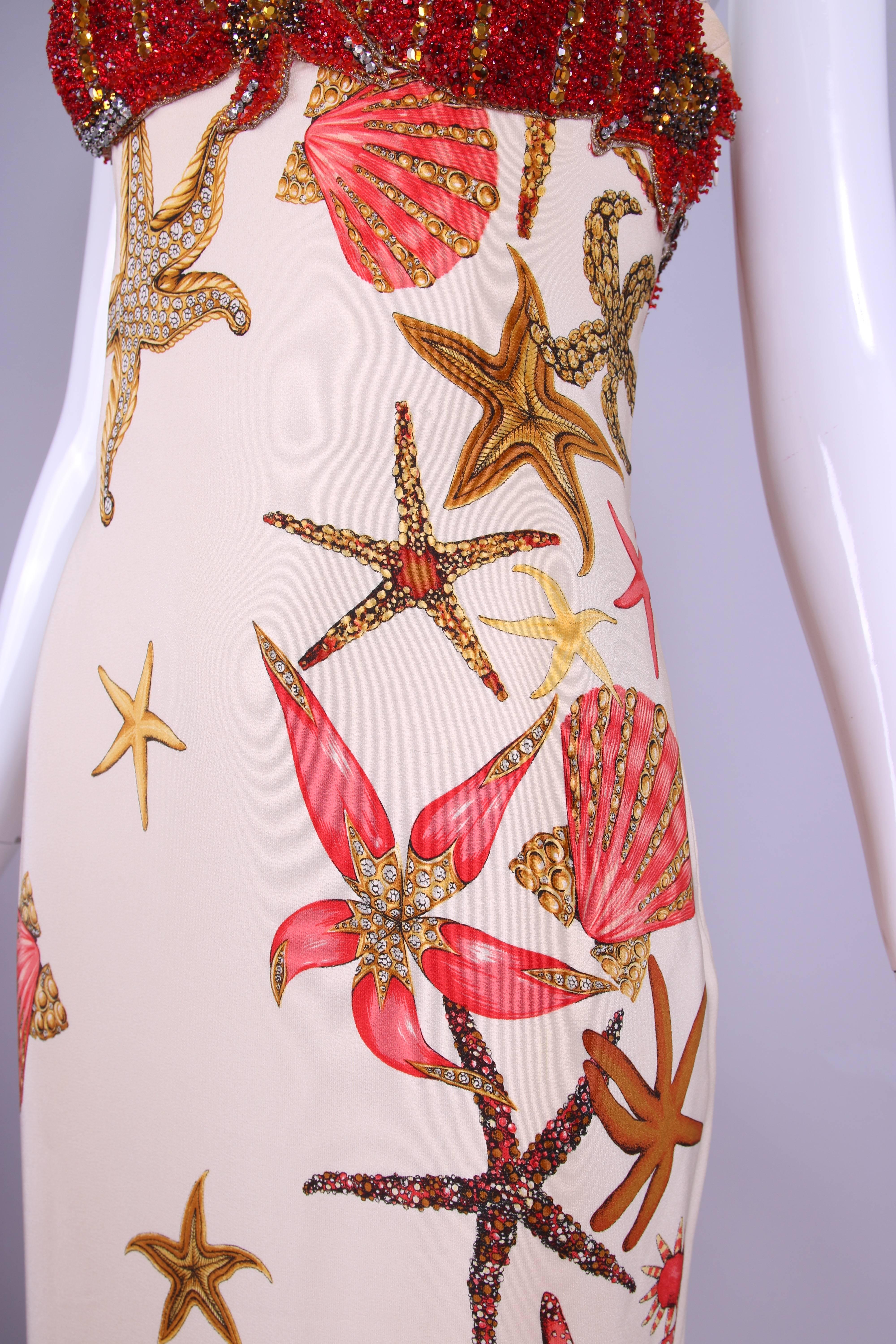 Women's 1992 S/S Versace Silk Starfish & Seashell Themed Evening Gown W/Beaded Bustier