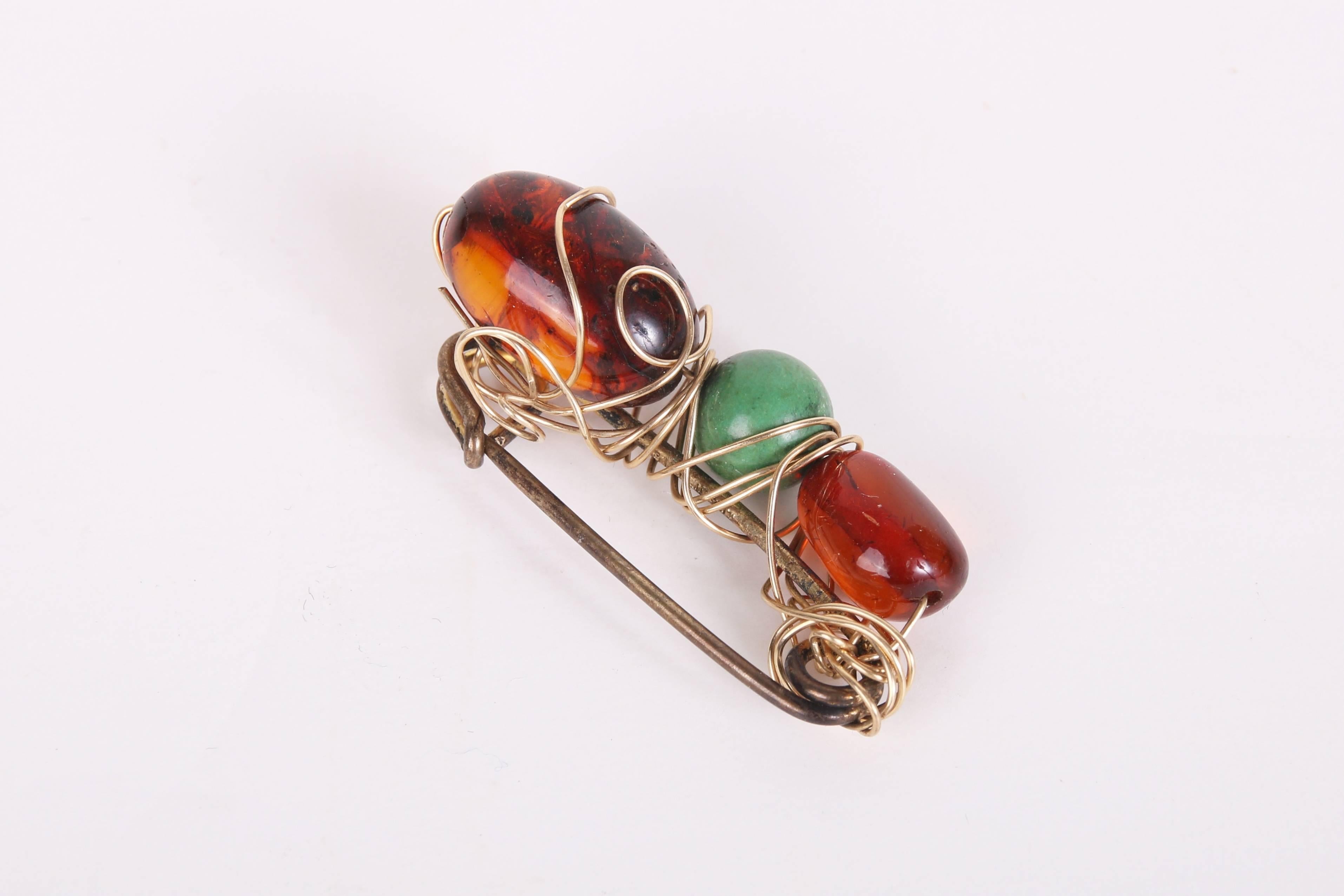 Kazuko 14k Wire Wrapped Brooch Safety Pin w/Three Crystal Beads In Good Condition In Studio City, CA