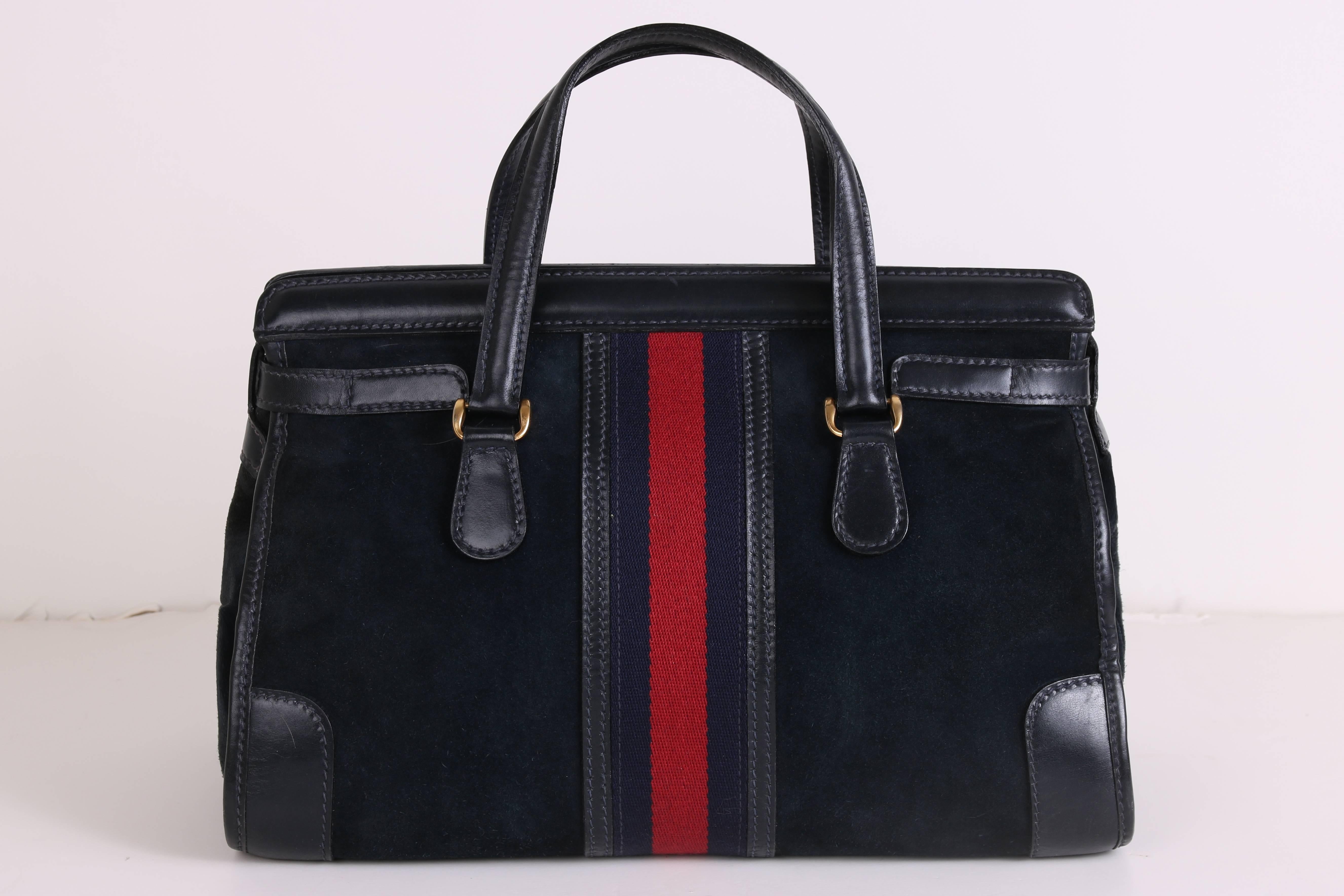 Black Rare 1970s Gucci Navy Blue Suede Doctor's Bag Handbag Tote w/Gucci Racer Stripe