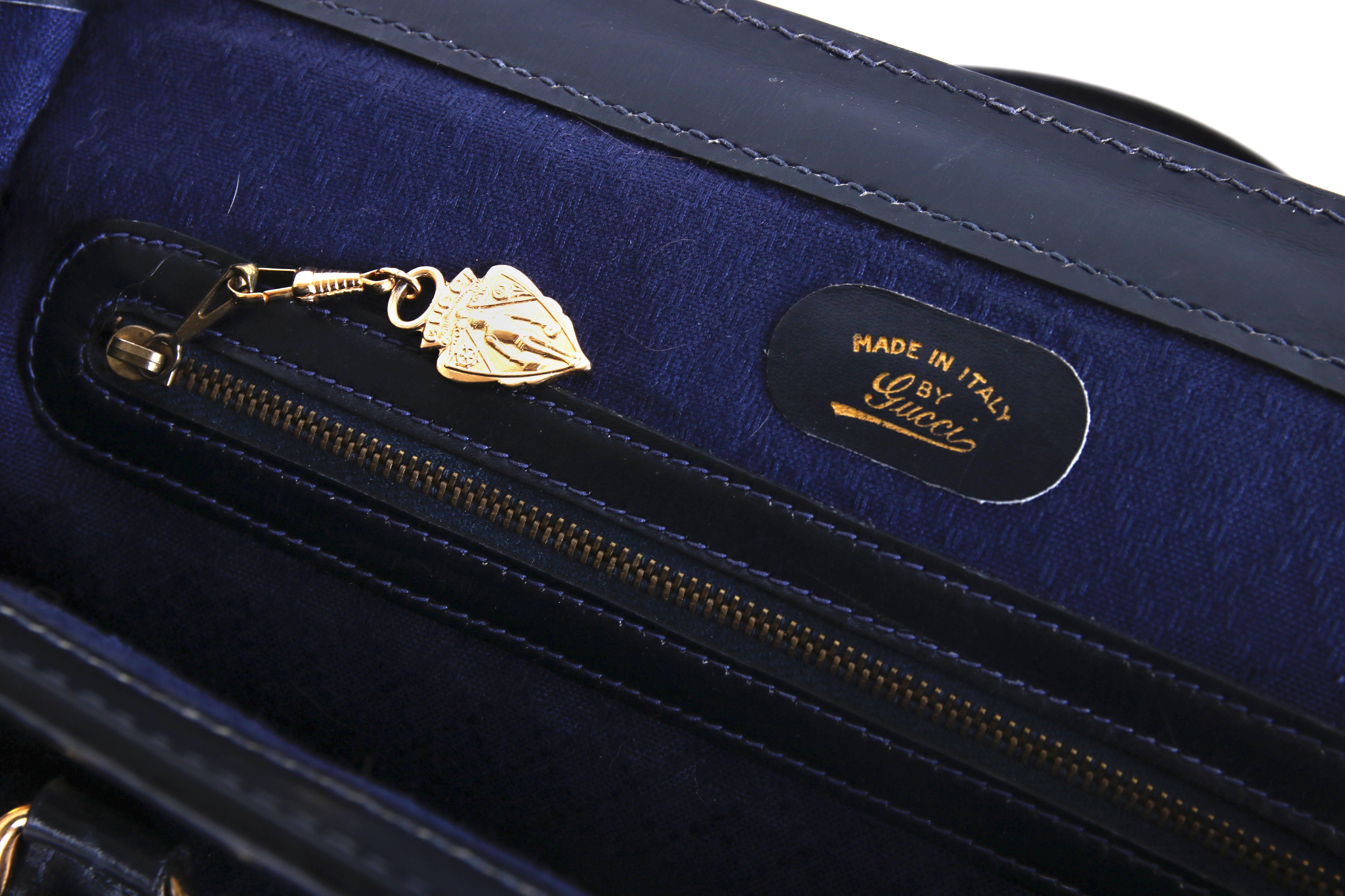 Women's or Men's Rare 1970s Gucci Navy Blue Suede Doctor's Bag Handbag Tote w/Gucci Racer Stripe