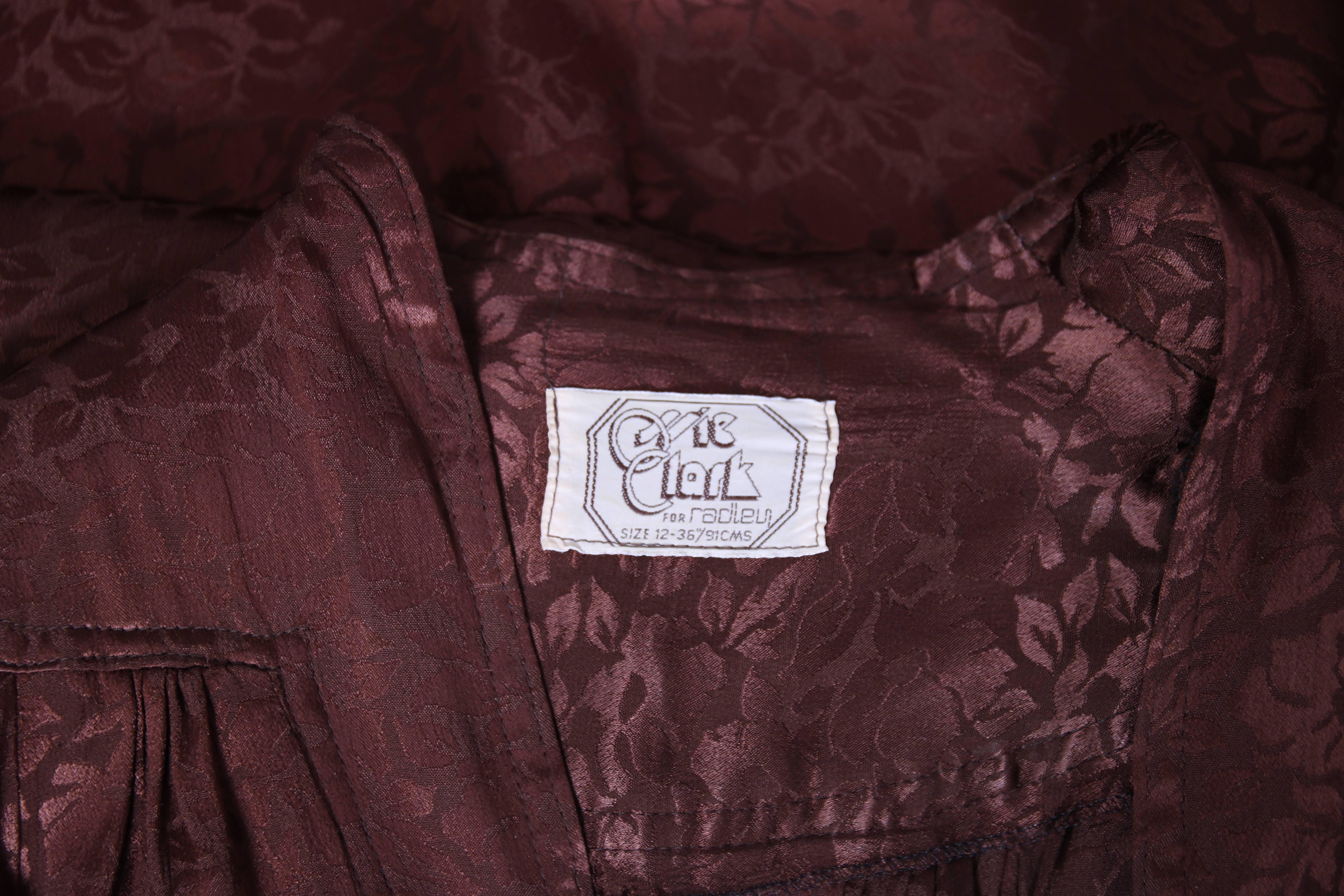 1970's Ossie Clark Brown Silk Damask Graduation Dress w/Plunge Neckline 4