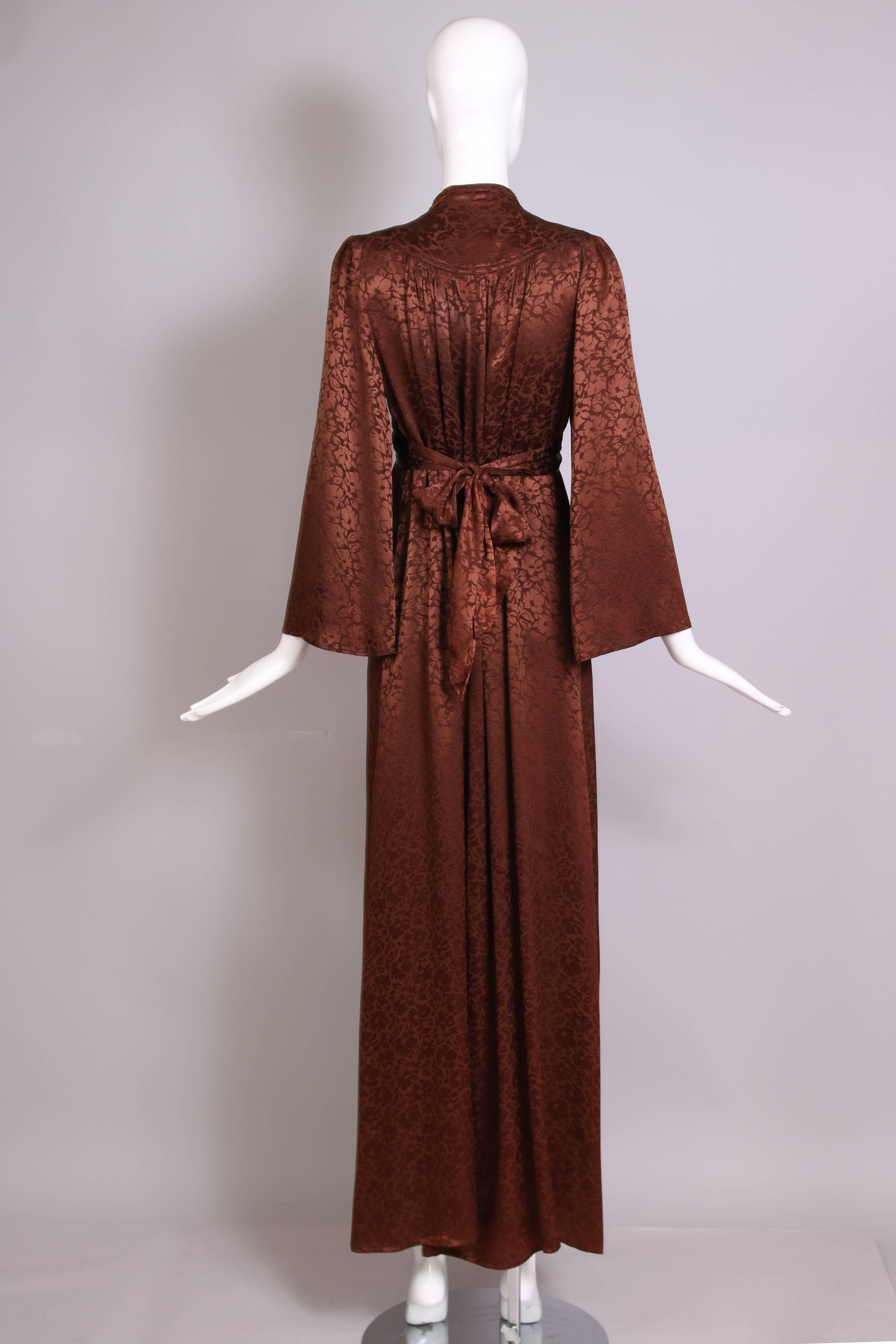 1970's Ossie Clark Brown Silk Damask Graduation Dress w/Plunge Neckline 1