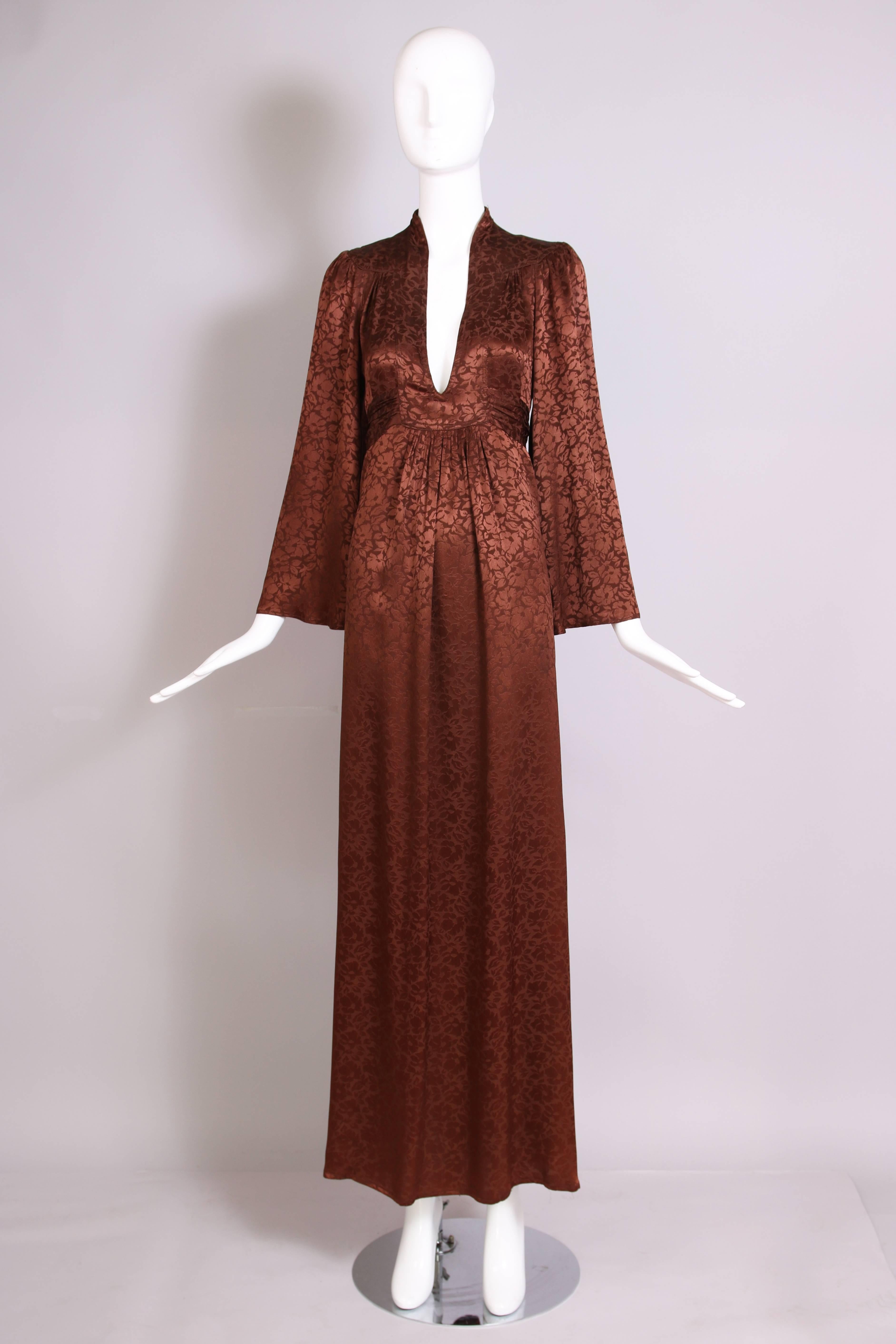 1970's Ossie Clark Brown Silk Damask Graduation Dress w/Plunge Neckline In Excellent Condition In Studio City, CA
