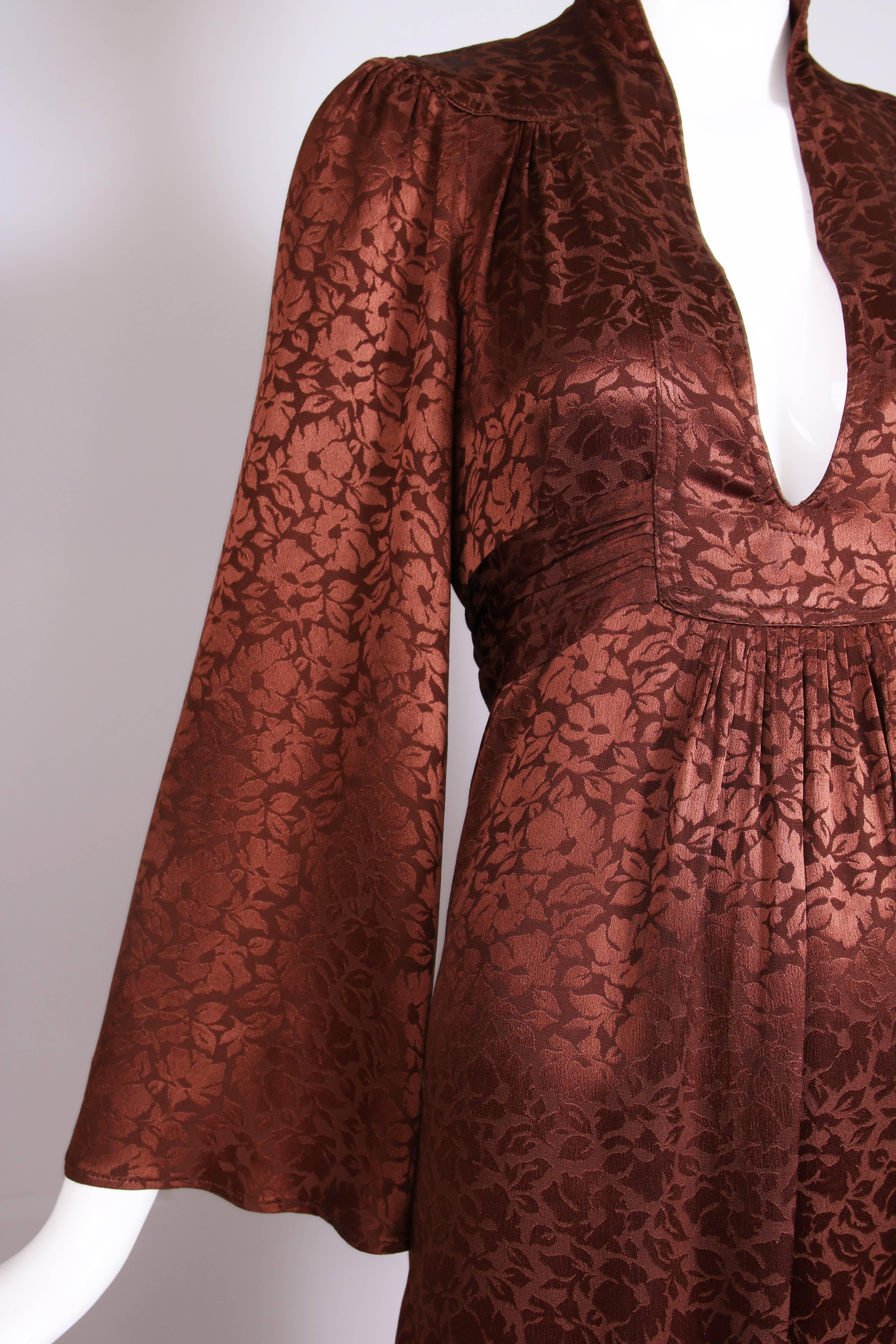 1970's Ossie Clark Brown Silk Damask Graduation Dress w/Plunge Neckline 3