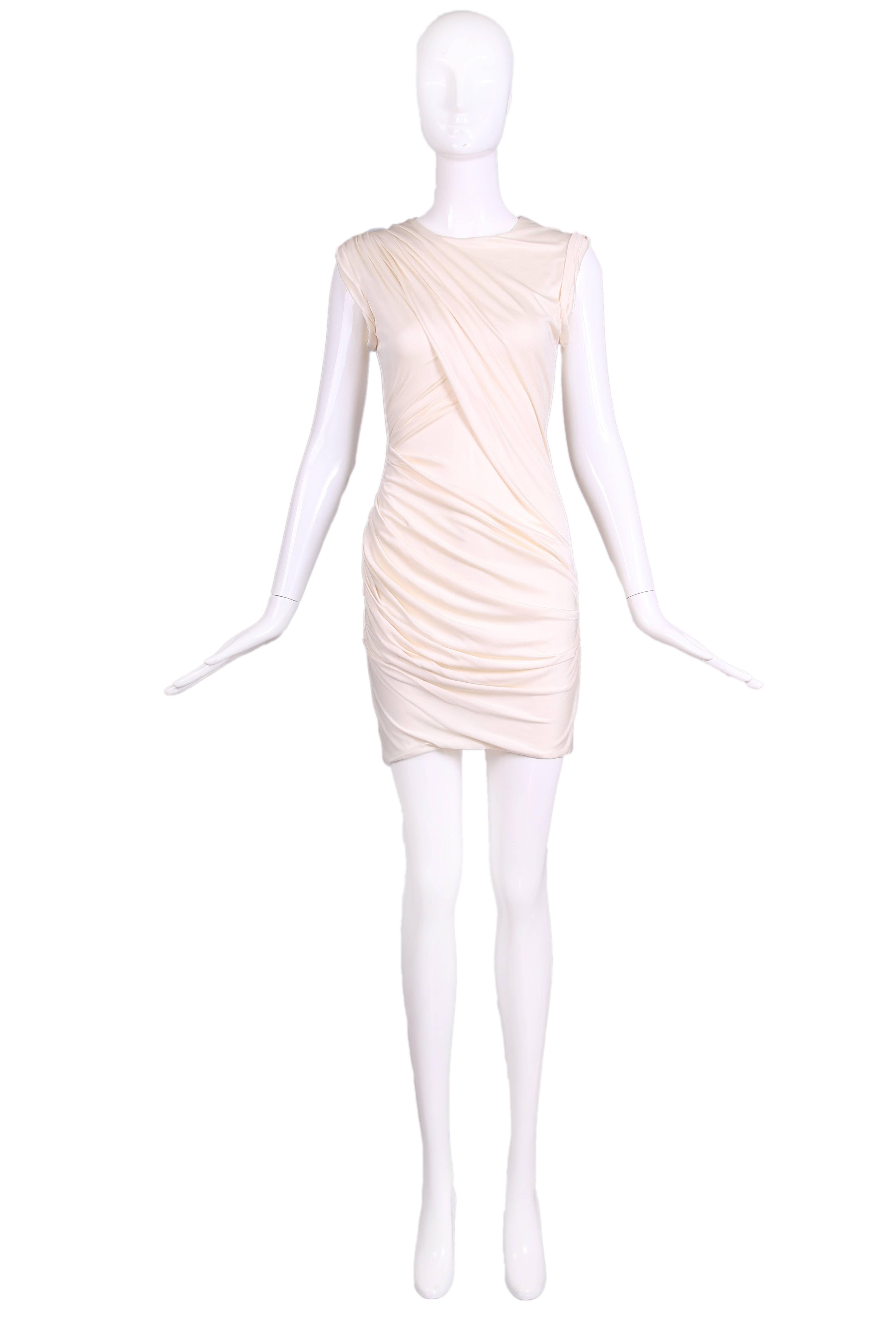 Alexander Wang creme-colored silk blend sleeveless mini dress with asymmetric ruching at front and back. Diagonal zipper closure at top of back bodice. Size 2. In excellent condition. 
MEASUREMENTS:
Bust - 32"
Waist - 26"
Hips -