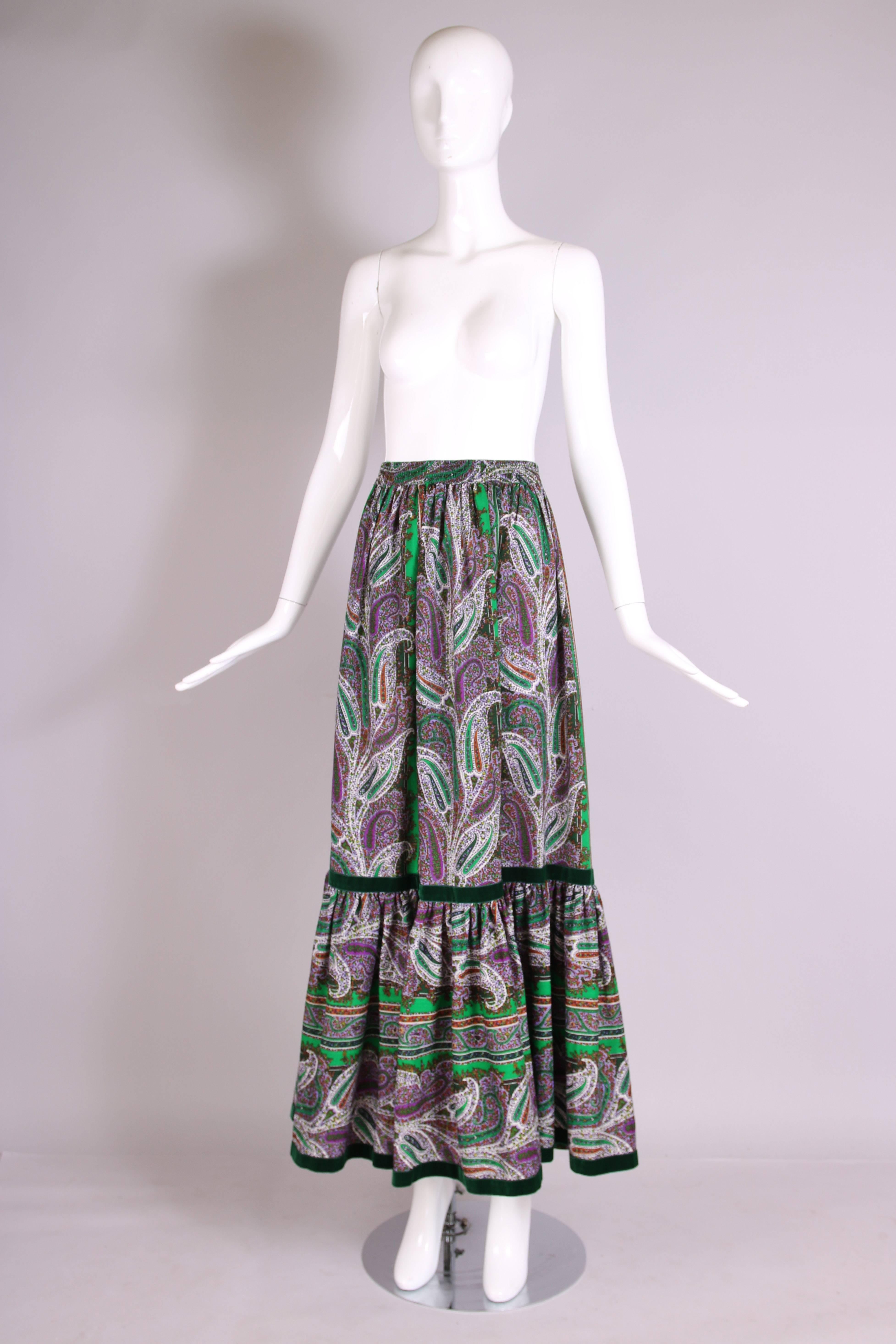 Gray VintageYves Saint Laurent YSL Paisley Print Peasant Maxi Skirt w/Velvet Trim