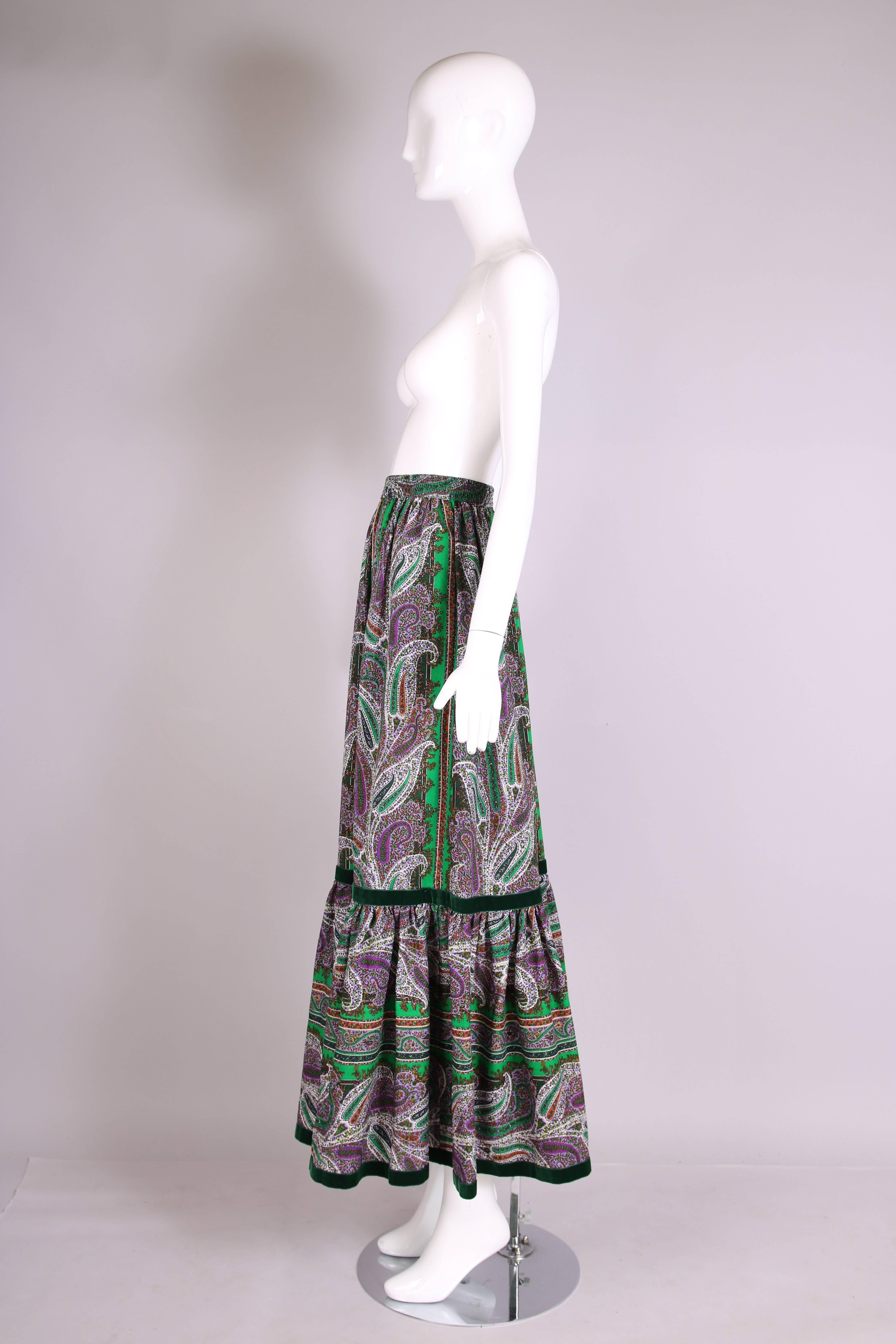 VintageYves Saint Laurent YSL Paisley Print Peasant Maxi Skirt w/Velvet Trim In Excellent Condition In Studio City, CA