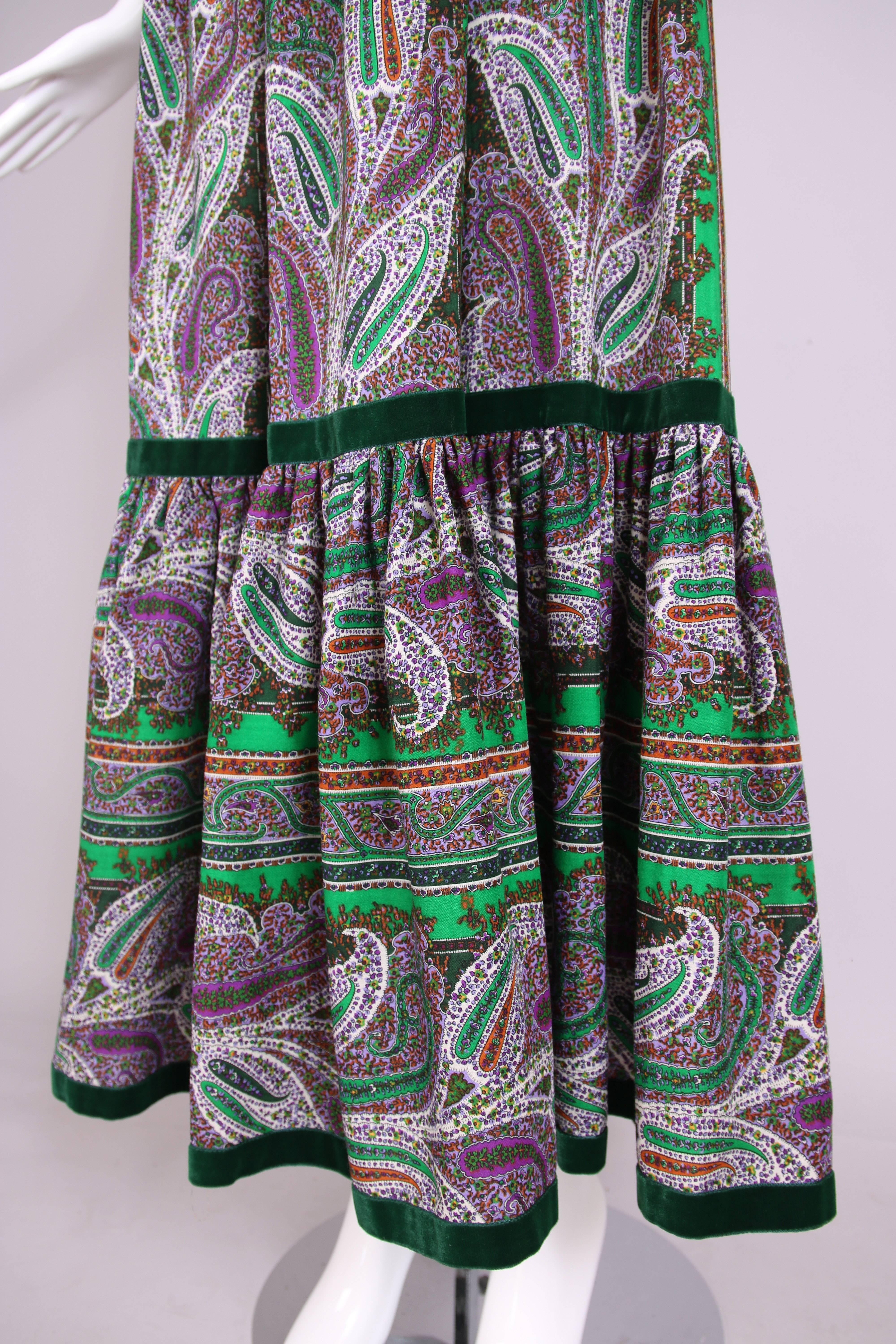 Women's VintageYves Saint Laurent YSL Paisley Print Peasant Maxi Skirt w/Velvet Trim
