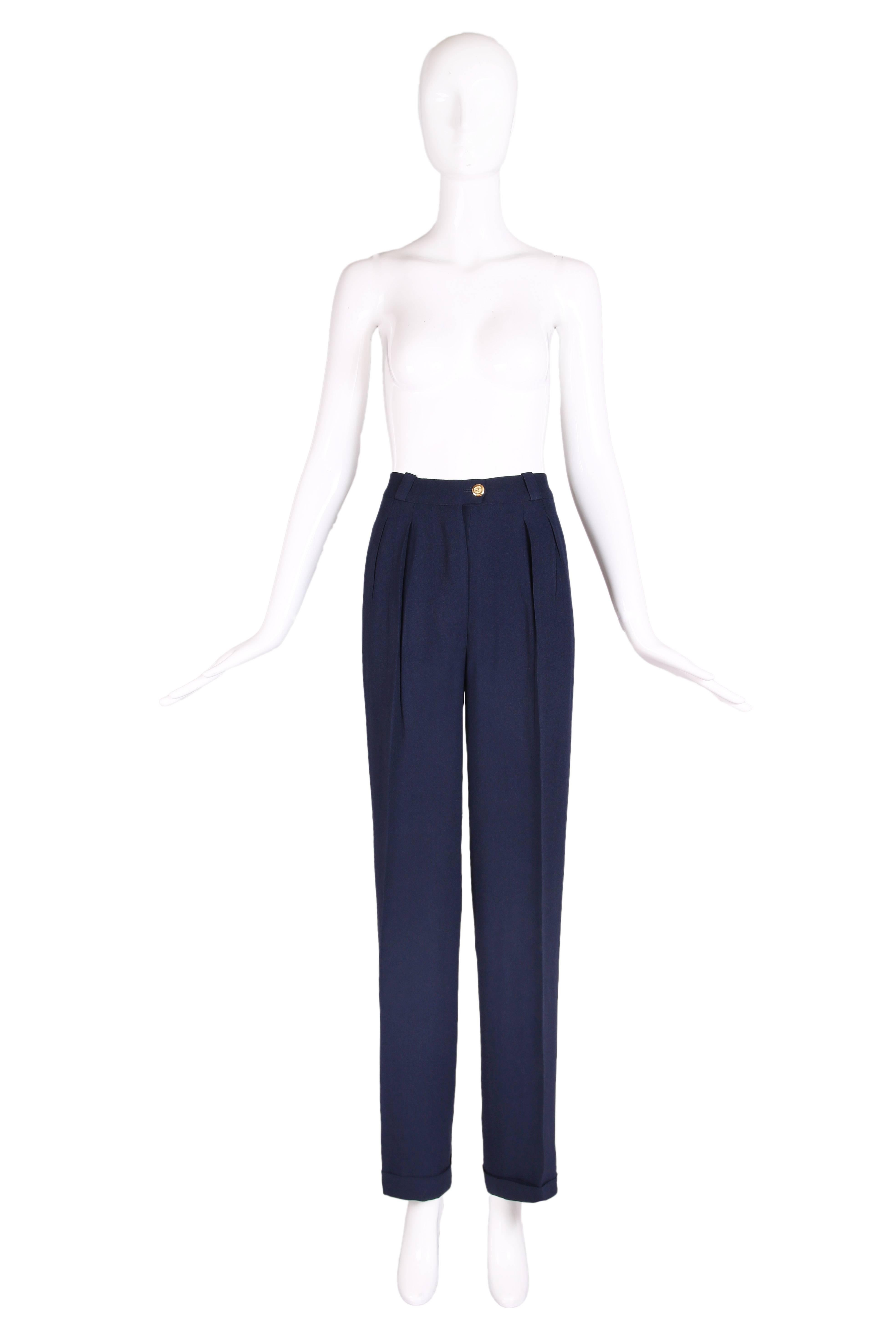 Chanel navy rayon blend crepe high-waist trousers with button fly closer and 1.5