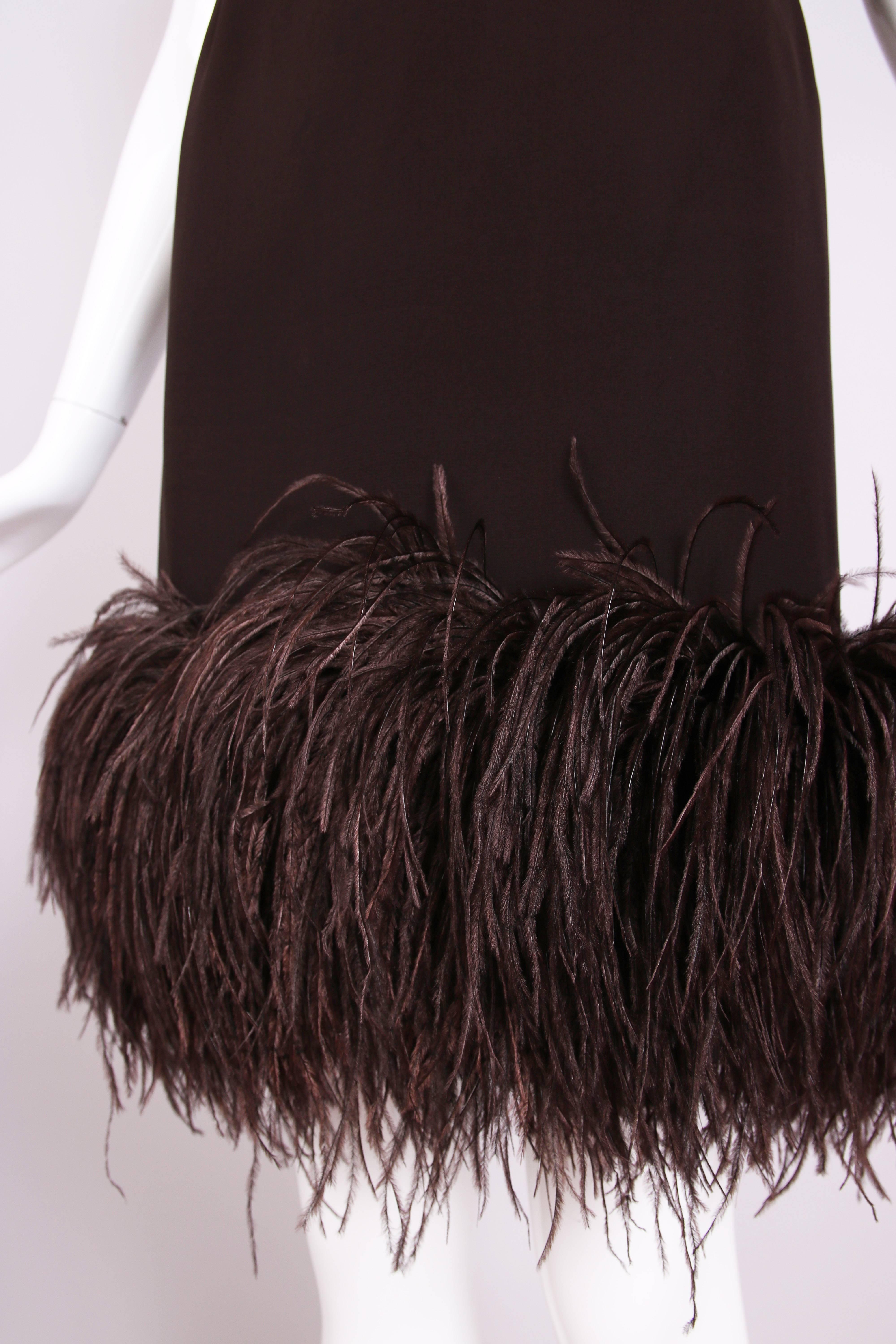 Black Pierre Cardin Brown Haute Couture Chiffon Cocktail Dress w/Ostrich Feather Trim